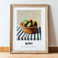 Kiwi – on Striped Tablecloth, Fruit Illustration, in wooden frame leaning on the floor