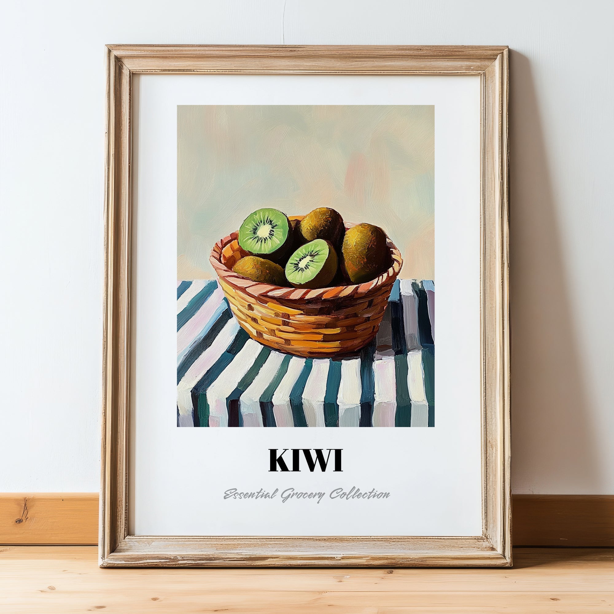 Kiwi – on Striped Tablecloth, Fruit Illustration, in wooden frame leaning on the floor