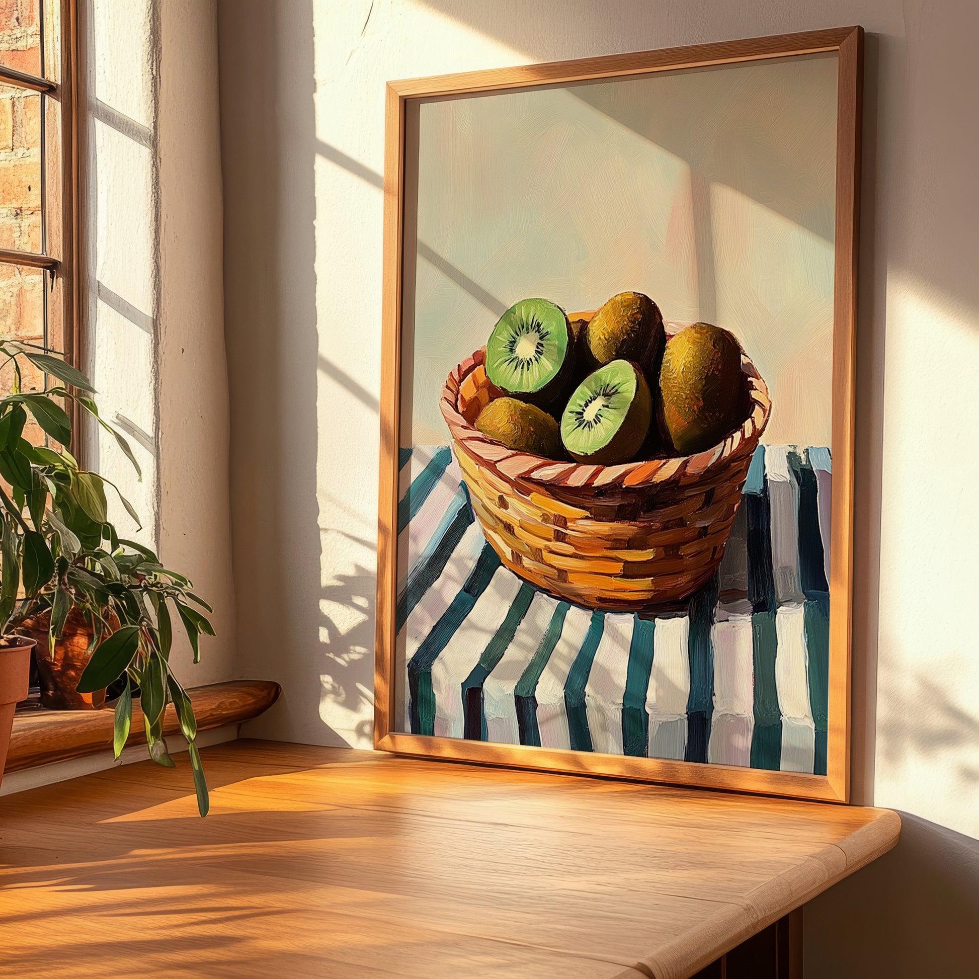 Kiwi – on Striped Tablecloth, Fruit Illustration, clean layout with no caption