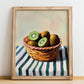 Kiwi – on Striped Tablecloth, Fruit Illustration, no-text version framed in wood