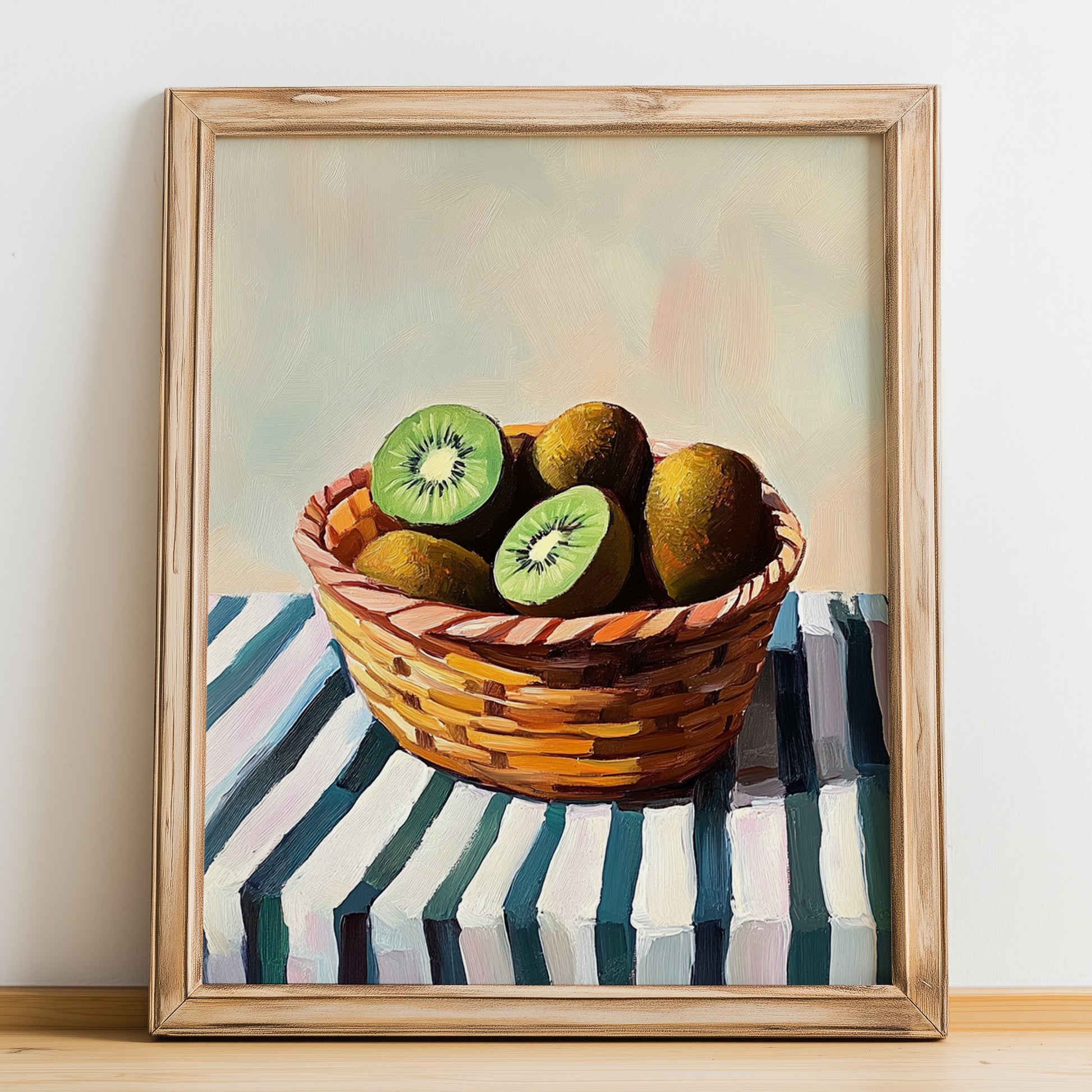Kiwi – on Striped Tablecloth, Fruit Illustration, no-text version framed in wood