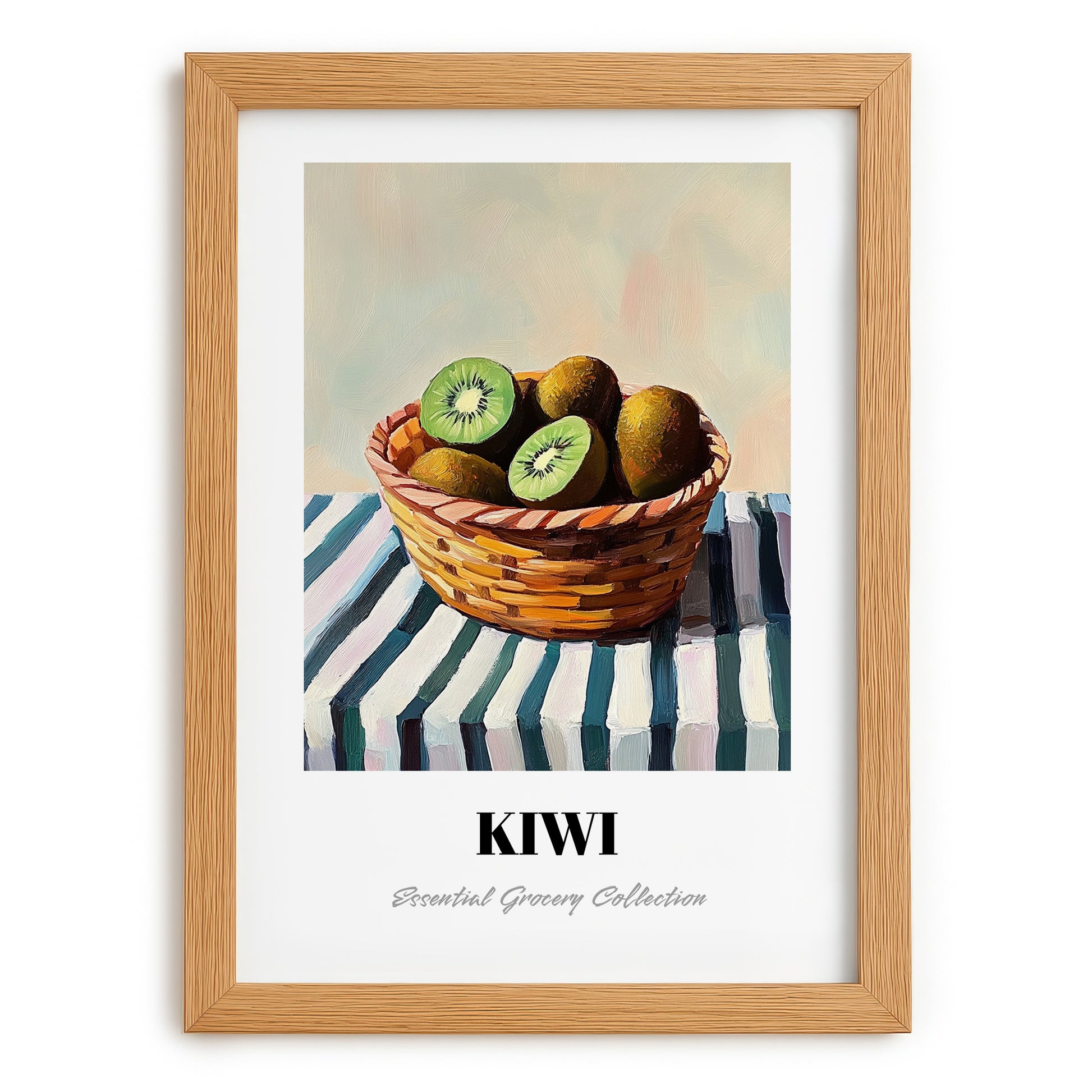 Kiwi – on Striped Tablecloth, Fruit Illustration, set in oak frame