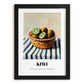 Kiwi – on Striped Tablecloth, Fruit Illustration, in sleek black frame