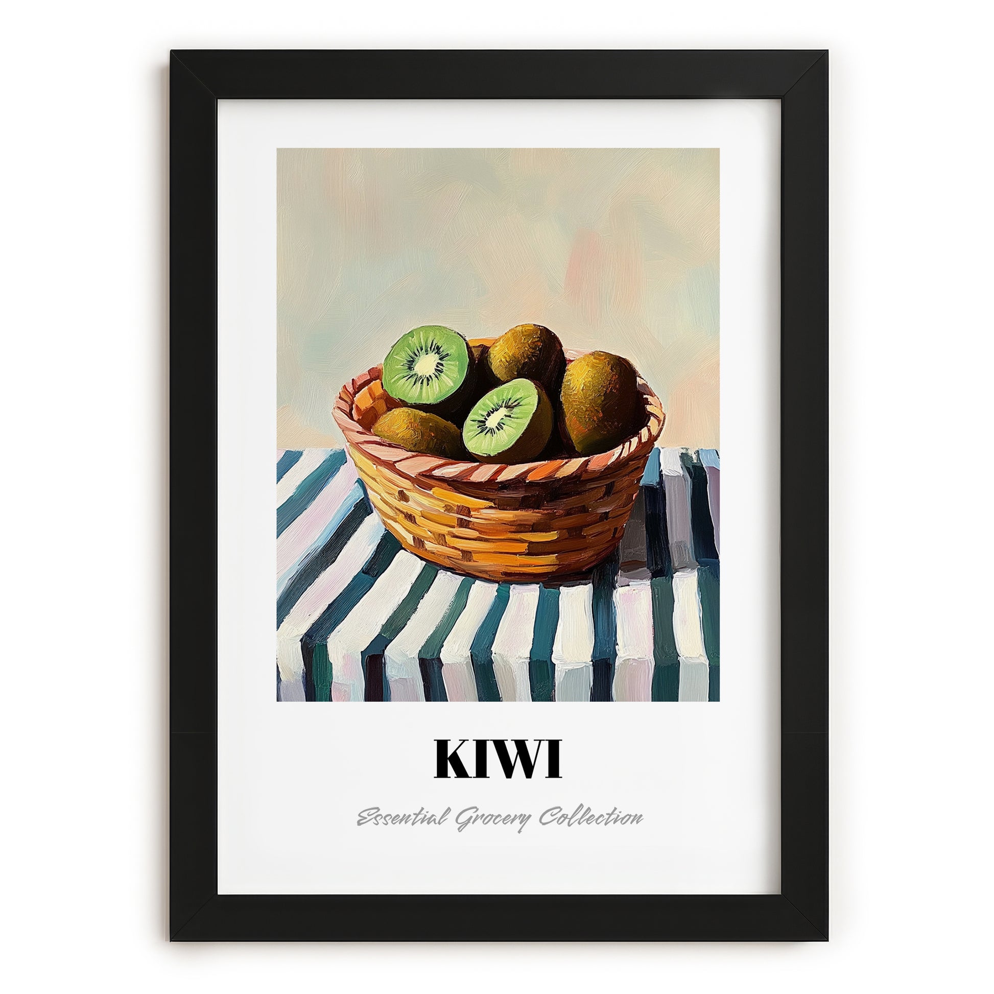 Kiwi – on Striped Tablecloth, Fruit Illustration, in sleek black frame