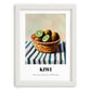 Kiwi – on Striped Tablecloth, Fruit Illustration, placed in minimal white frame