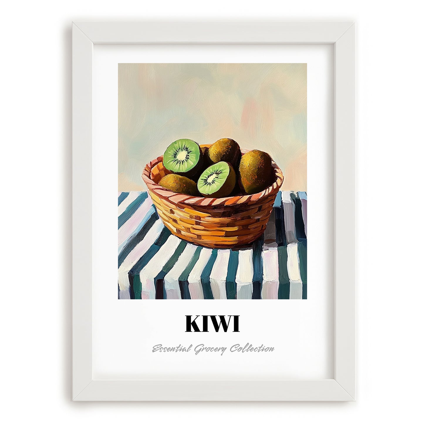 Kiwi – on Striped Tablecloth, Fruit Illustration, placed in minimal white frame
