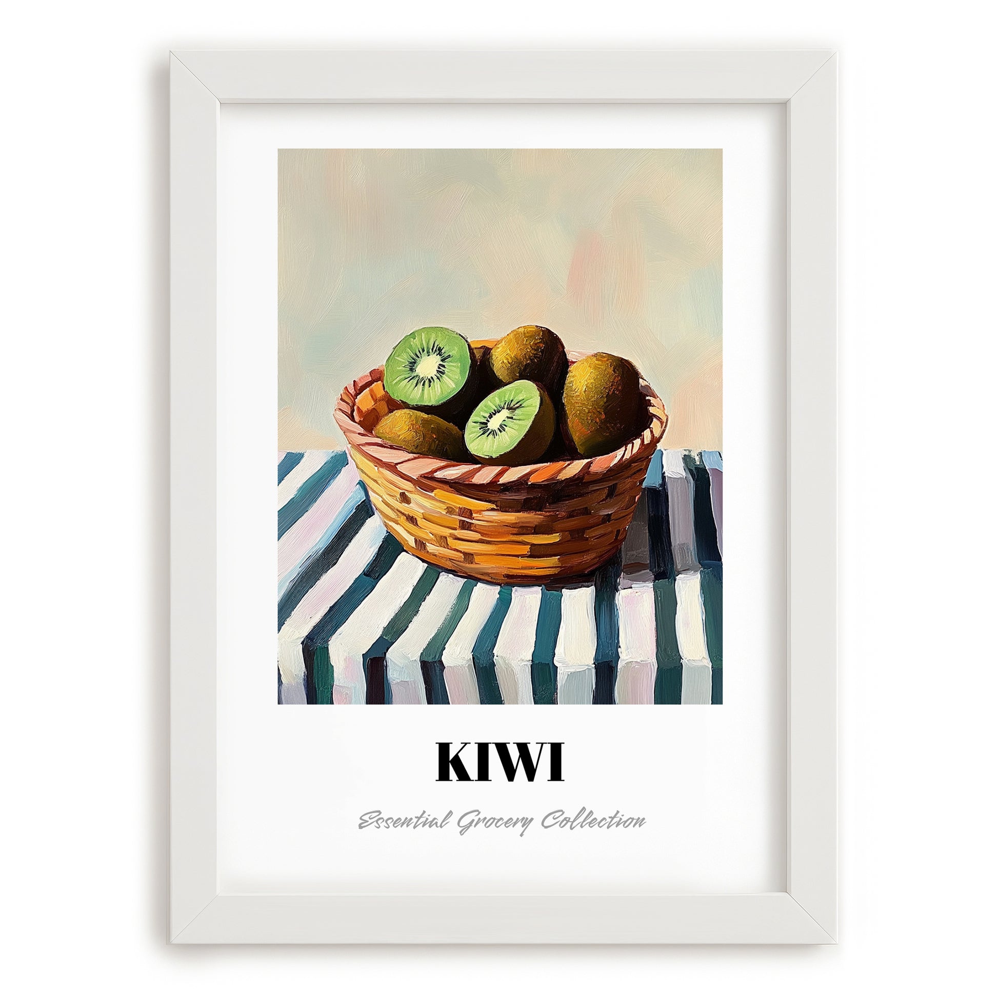 Kiwi – on Striped Tablecloth, Fruit Illustration, placed in minimal white frame