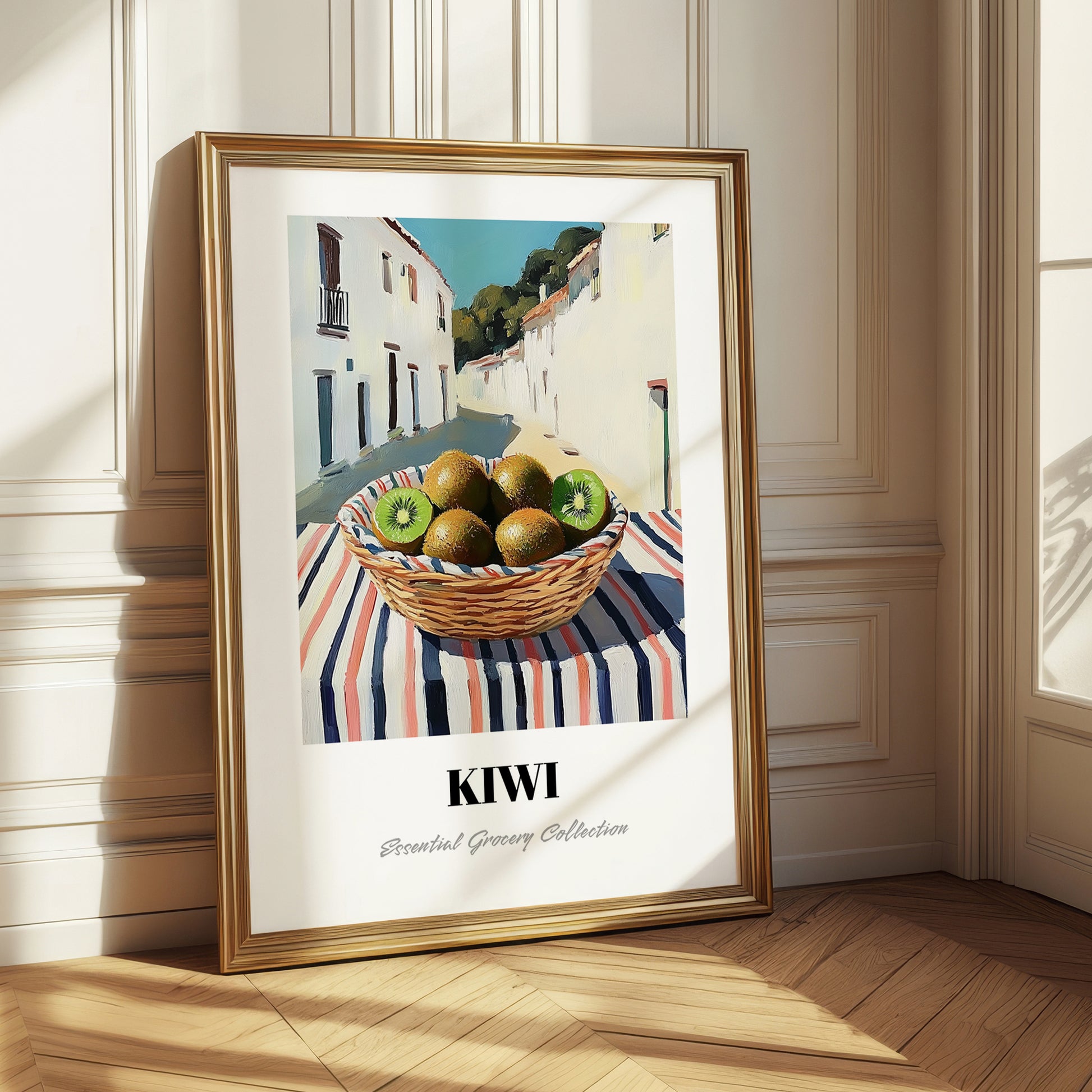 Kiwi – White village Outdoor Café Scene, Fruit Wall Art