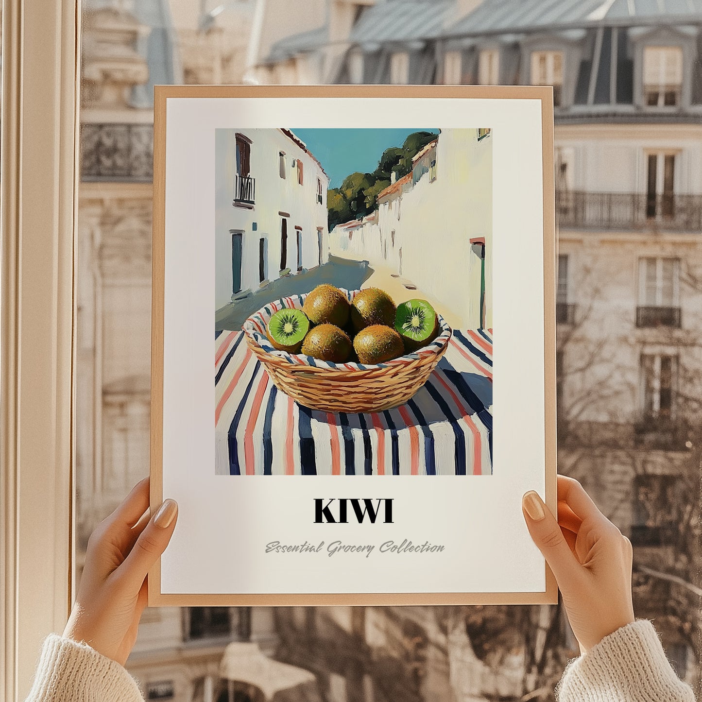Kiwi – White village Outdoor Café Scene, Fruit Wall Art, styled in a charming Paris street view