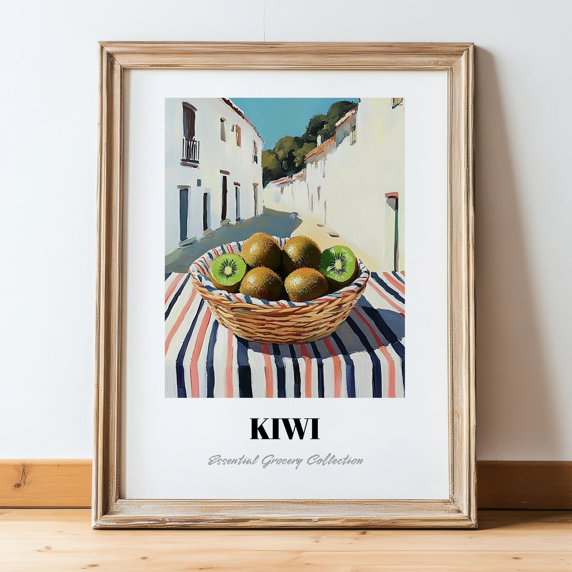 Kiwi – White village Outdoor Café Scene, Fruit Wall Art, in wooden frame leaning on the floor