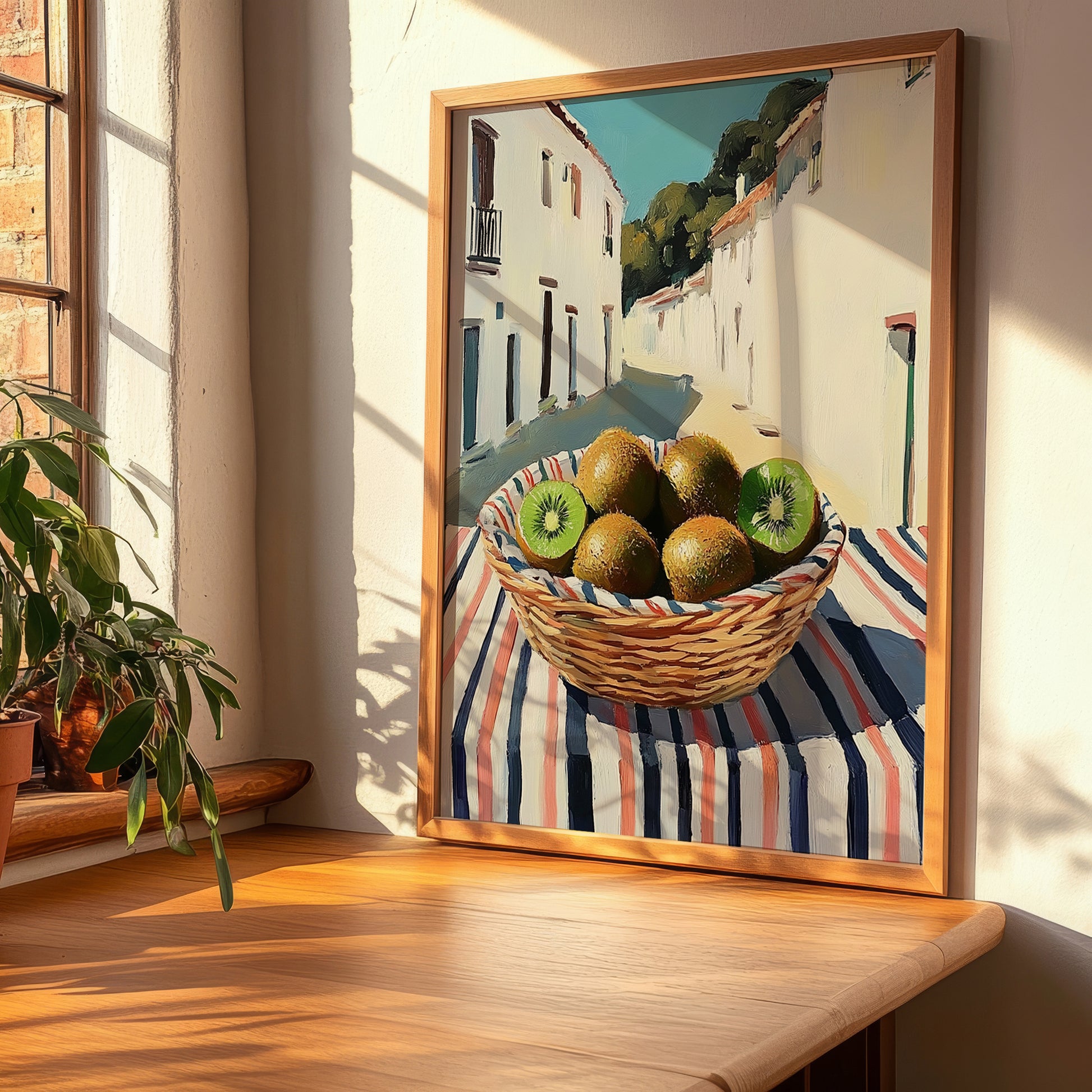 Kiwi – White village Outdoor Café Scene, Fruit Wall Art, clean layout with no caption