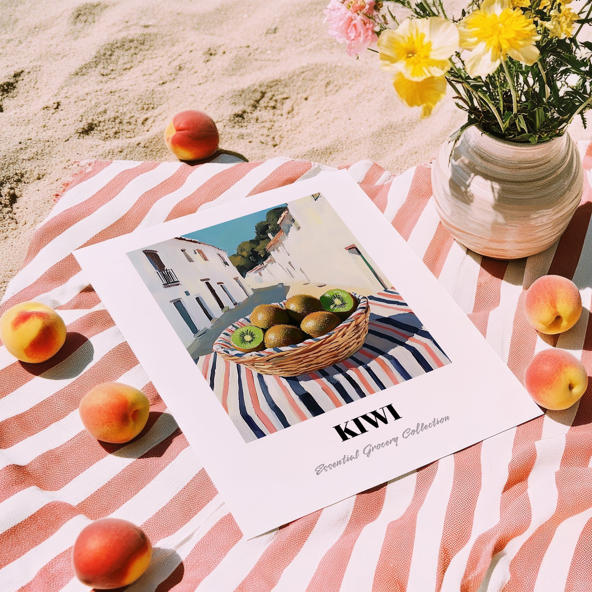 Kiwi – White village Outdoor Café Scene, Fruit Wall Art, unframed on coastal sand