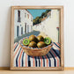 Kiwi – White village Outdoor Café Scene, Fruit Wall Art, no-text version framed in wood