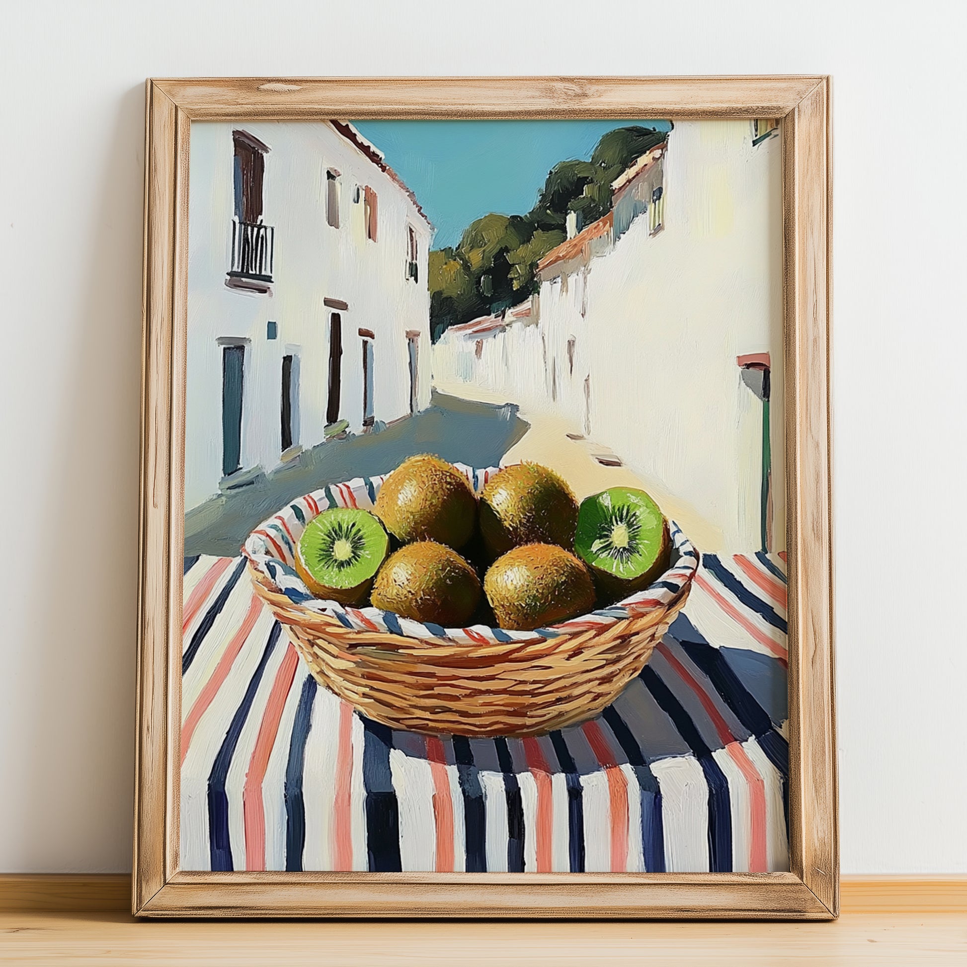 Kiwi – White village Outdoor Café Scene, Fruit Wall Art, no-text version framed in wood