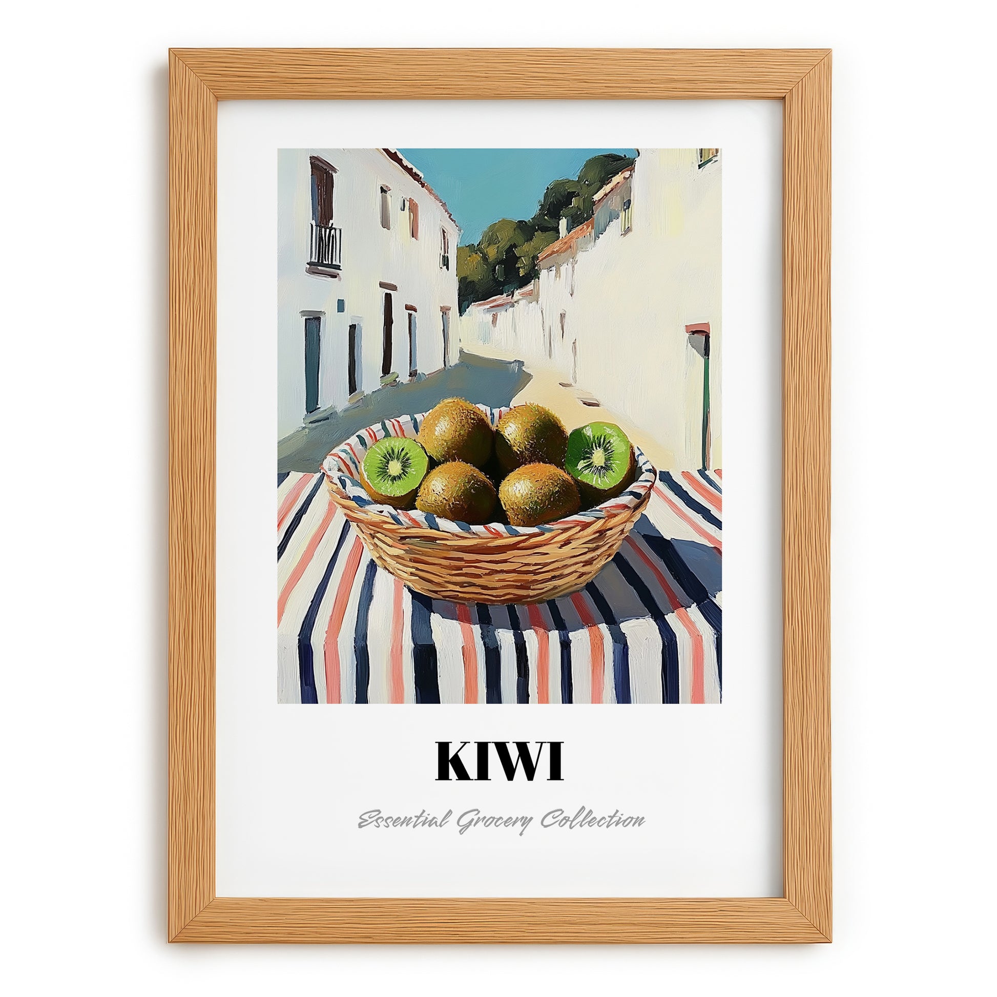 Kiwi – White village Outdoor Café Scene, Fruit Wall Art, set in oak frame