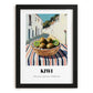 Kiwi – White village Outdoor Café Scene, Fruit Wall Art, in sleek black frame