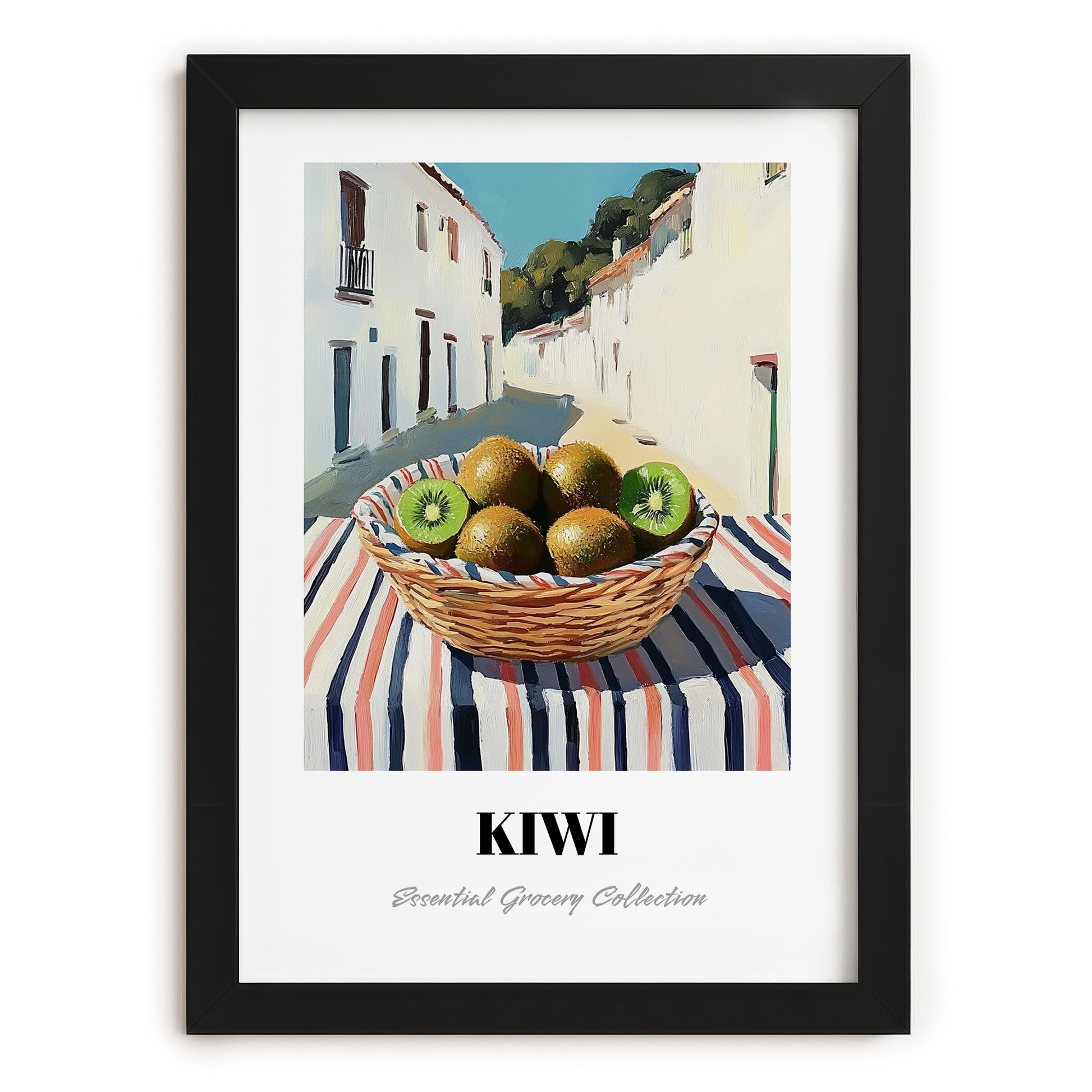 Kiwi – White village Outdoor Café Scene, Fruit Wall Art, in sleek black frame