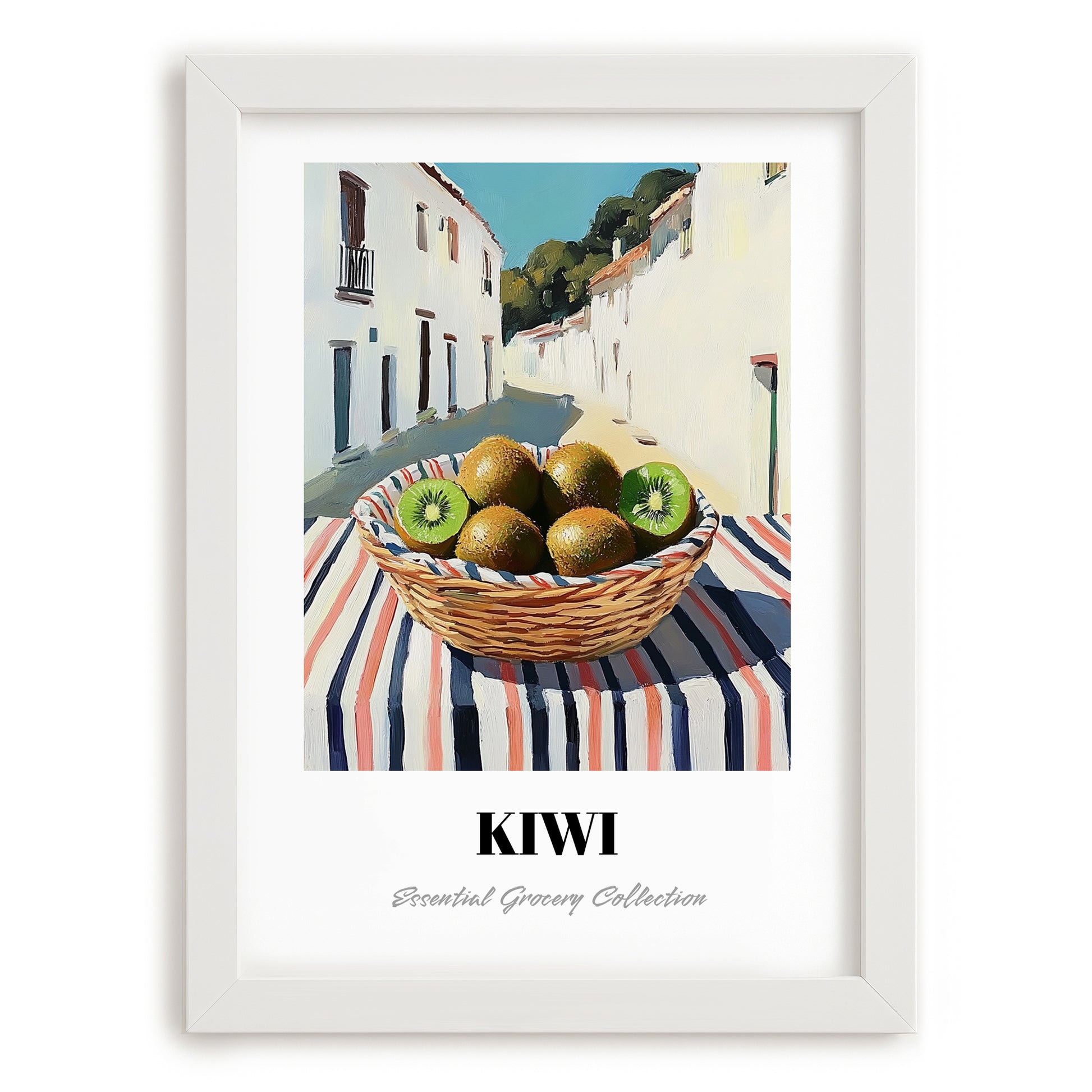 Kiwi – White village Outdoor Café Scene, Fruit Wall Art, placed in minimal white frame