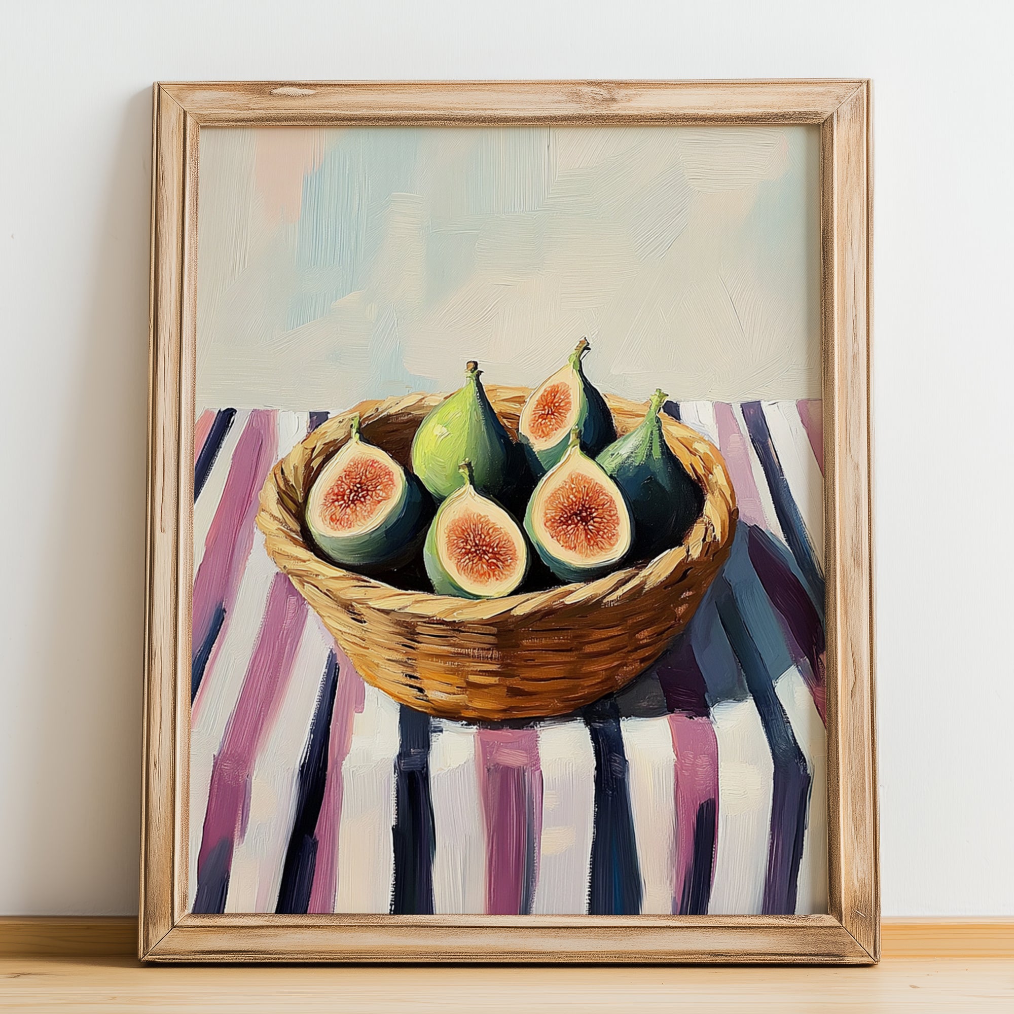 Fig – on Striped Tablecloth, Fruit Still Life, no-text version framed in wood