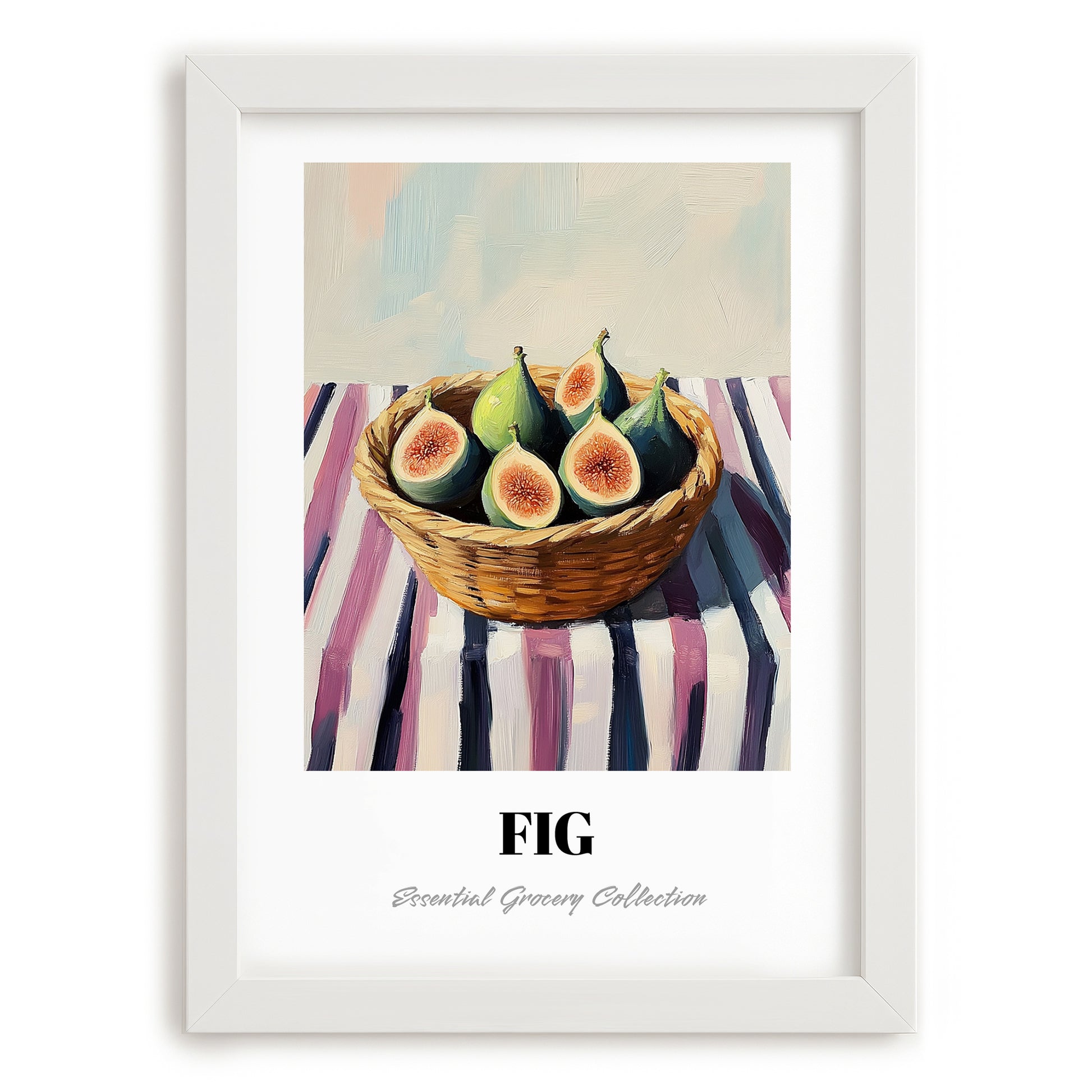 Fig – on Striped Tablecloth, Fruit Still Life, placed in minimal white frame