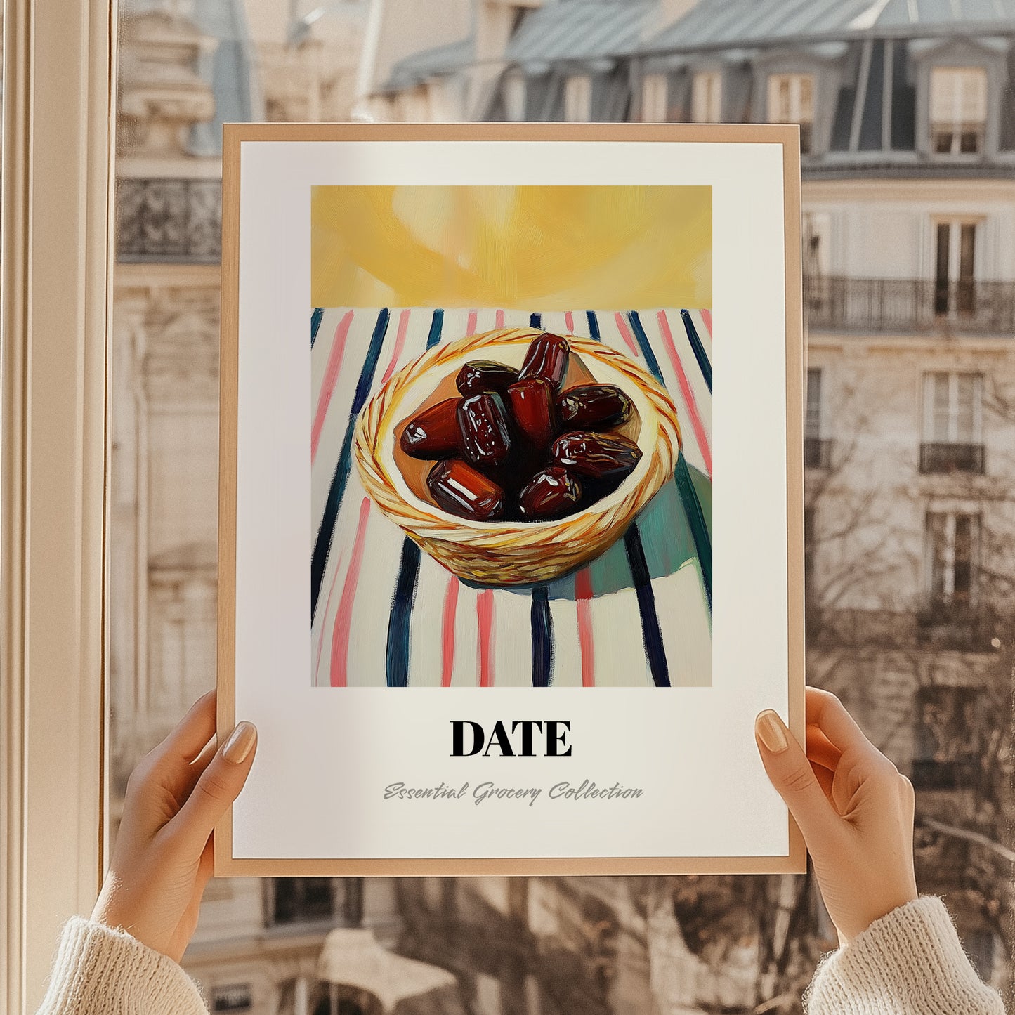Date – on Striped Tablecloth, Fruit Print, styled in a charming Paris street view