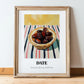Date – on Striped Tablecloth, Fruit Print, in wooden frame leaning on the floor