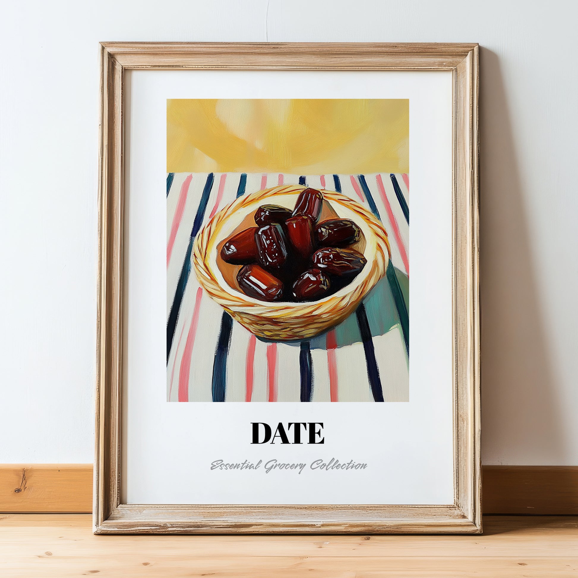 Date – on Striped Tablecloth, Fruit Print, in wooden frame leaning on the floor