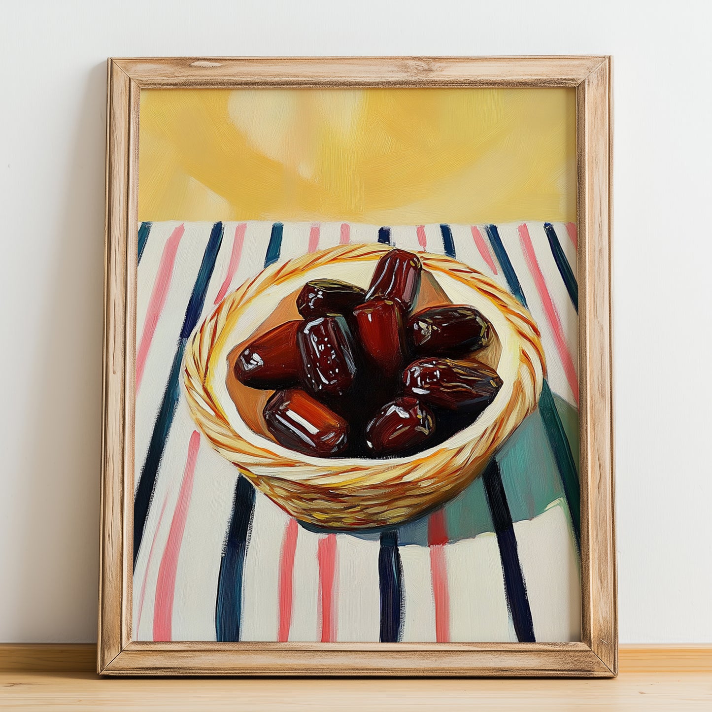 Date – on Striped Tablecloth, Fruit Print, no-text version framed in wood