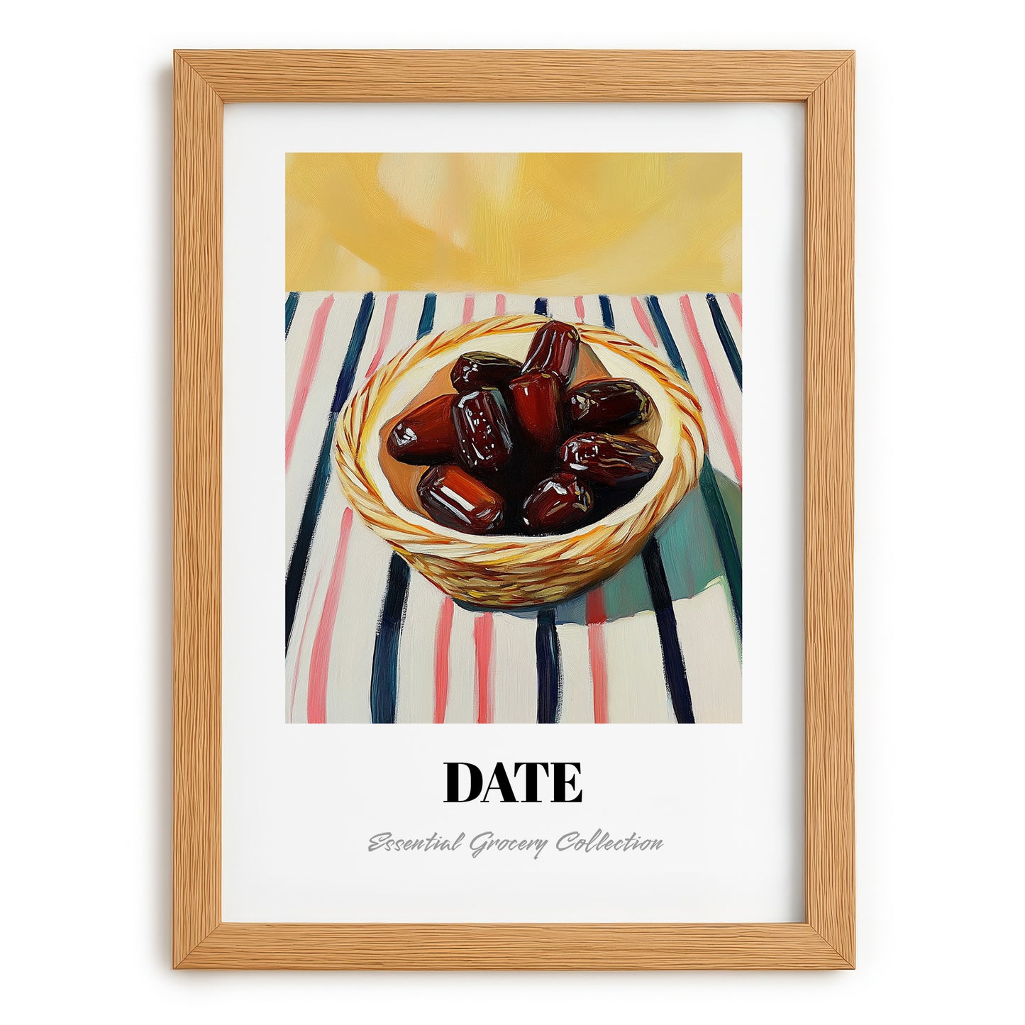 Date – on Striped Tablecloth, Fruit Print, set in oak frame