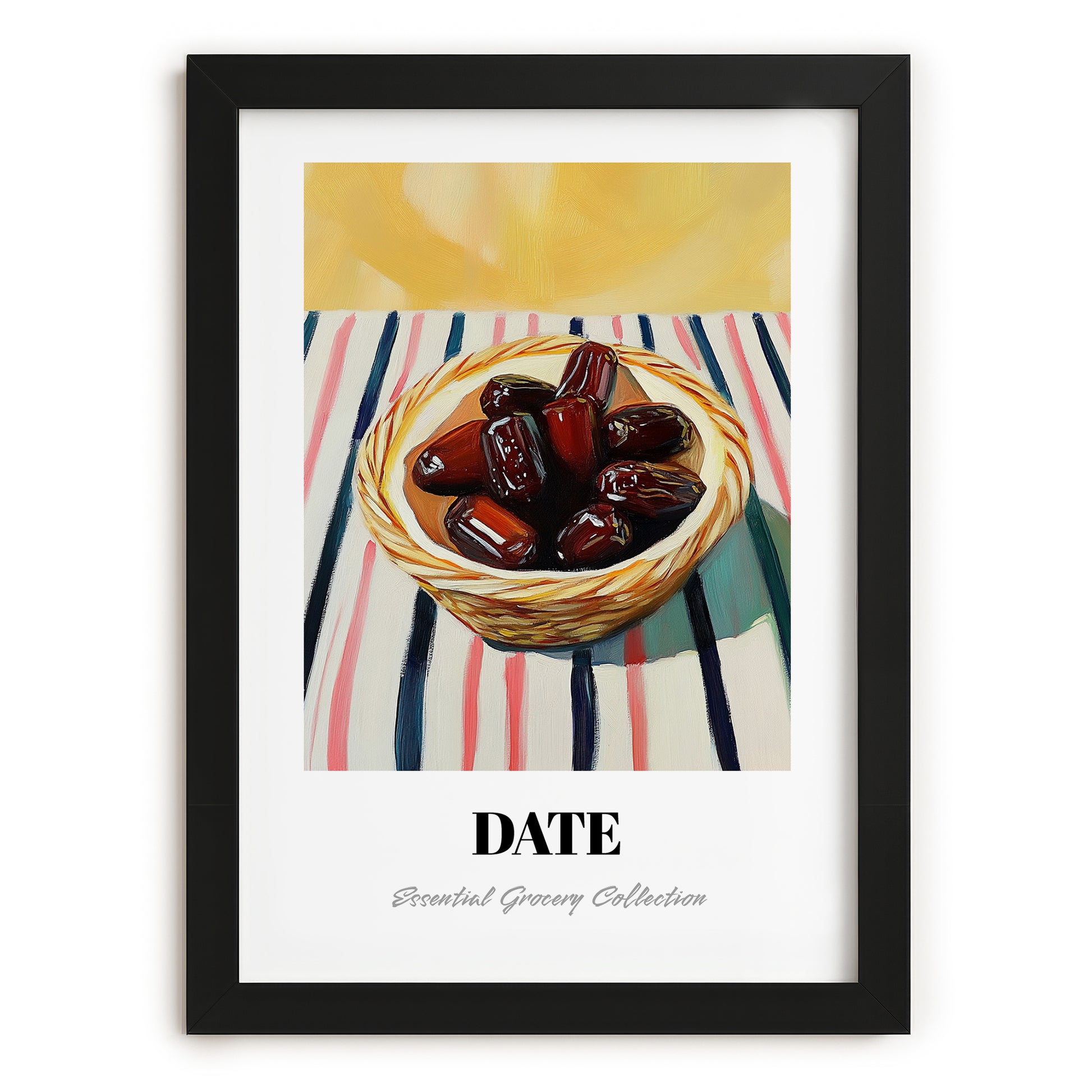 Date – on Striped Tablecloth, Fruit Print, in sleek black frame