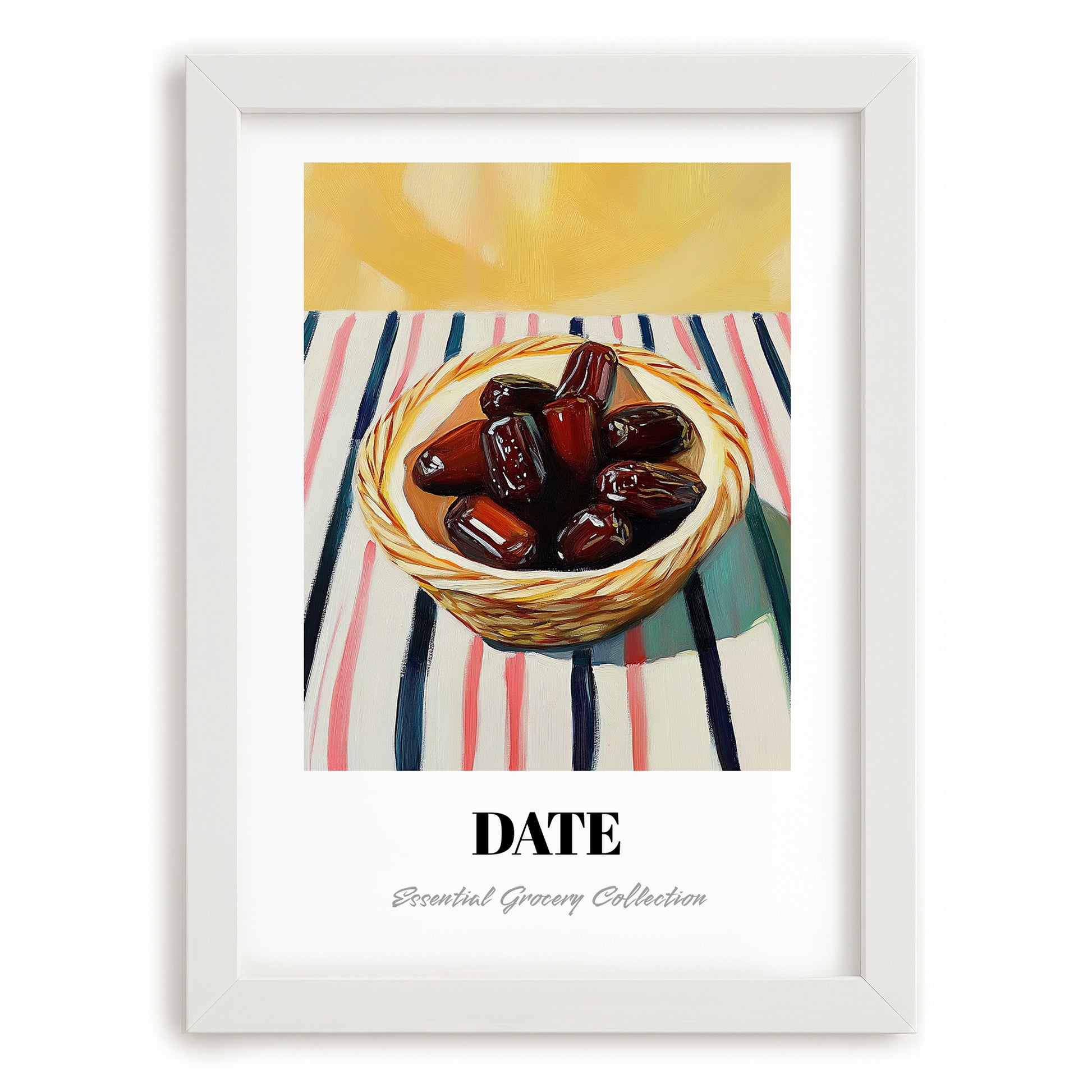 Date – on Striped Tablecloth, Fruit Print, placed in minimal white frame