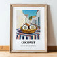 Coconut – White village Café on the Corner, Fruit Wall Decor, in wooden frame leaning on the floor