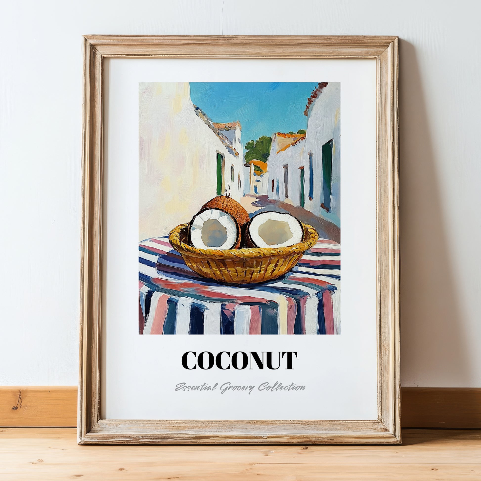 Coconut – White village Café on the Corner, Fruit Wall Decor, in wooden frame leaning on the floor