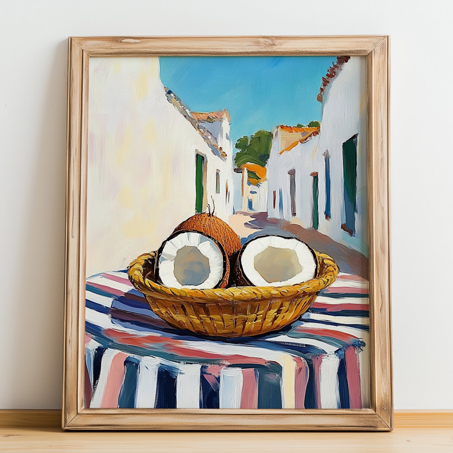 Coconut – White village Café on the Corner, Fruit Wall Decor, no-text version framed in wood