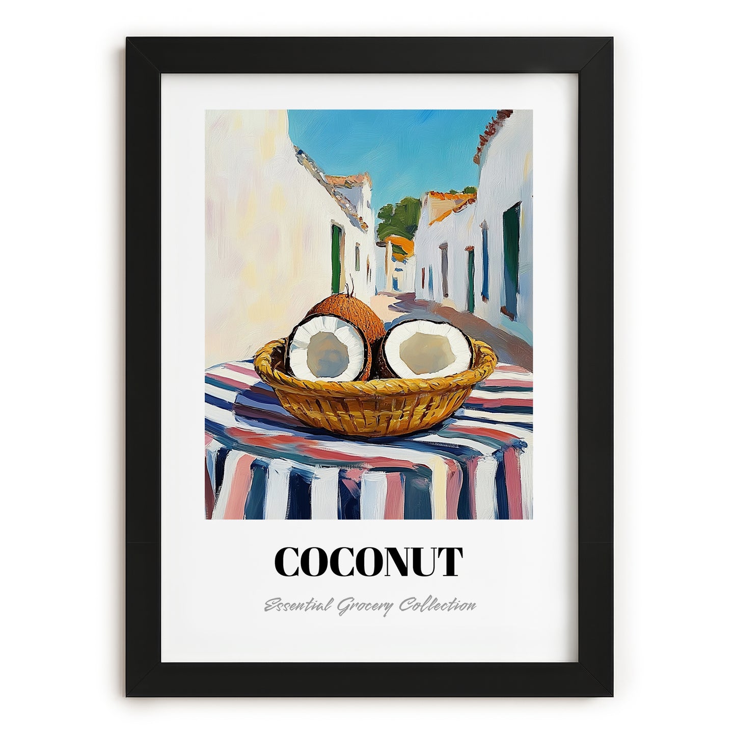 Coconut – White village Café on the Corner, Fruit Wall Decor, in sleek black frame