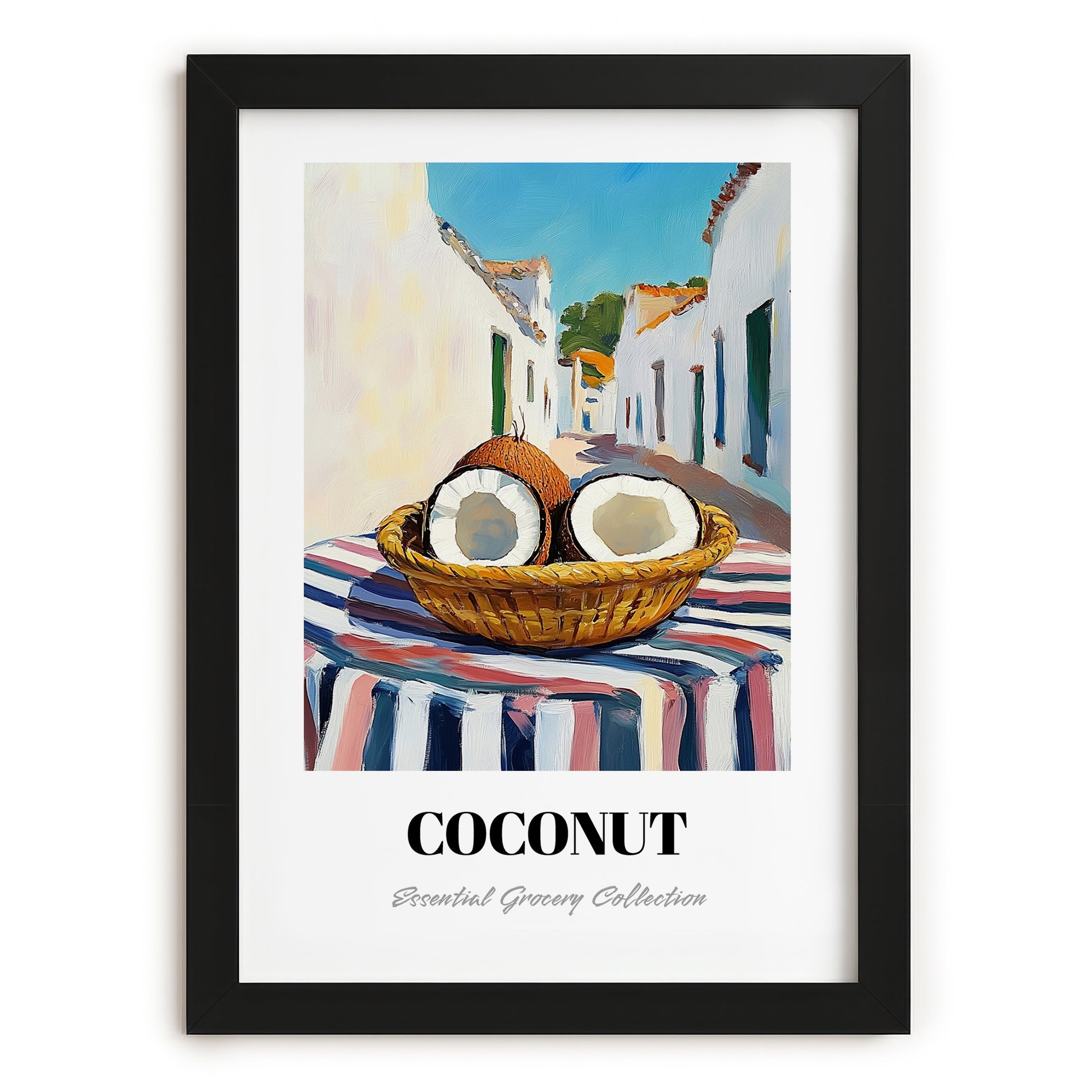 Coconut – White village Café on the Corner, Fruit Wall Decor, in sleek black frame