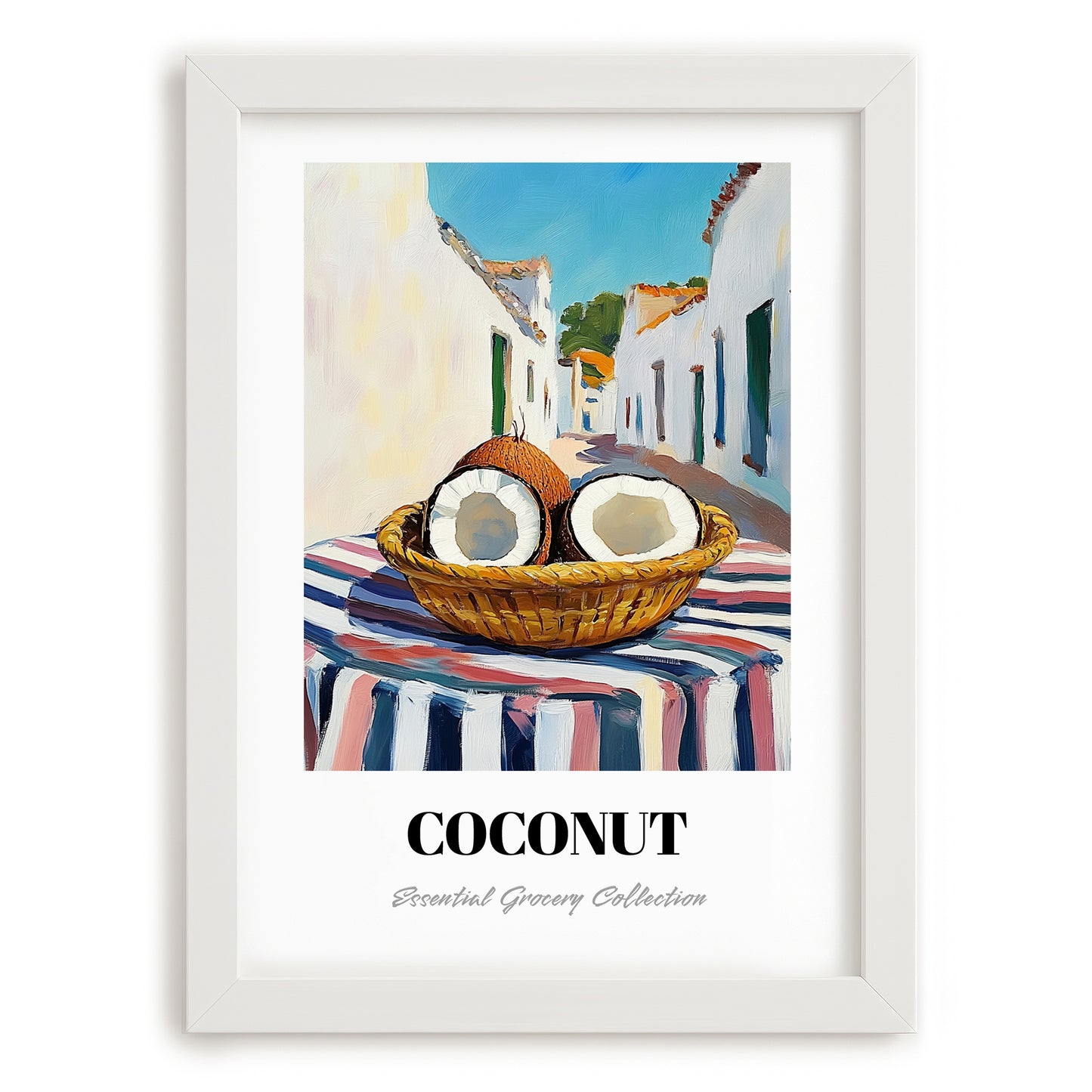 Coconut – White village Café on the Corner, Fruit Wall Decor, placed in minimal white frame