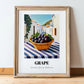 Grape – White village Street Café Scene, Fruit Wall Decor, in wooden frame leaning on the floor