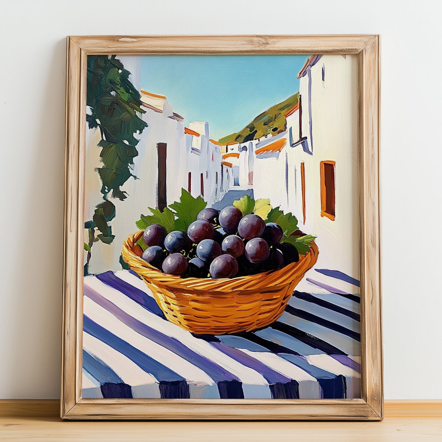Grape – White village Street Café Scene, Fruit Wall Decor, no-text version framed in wood