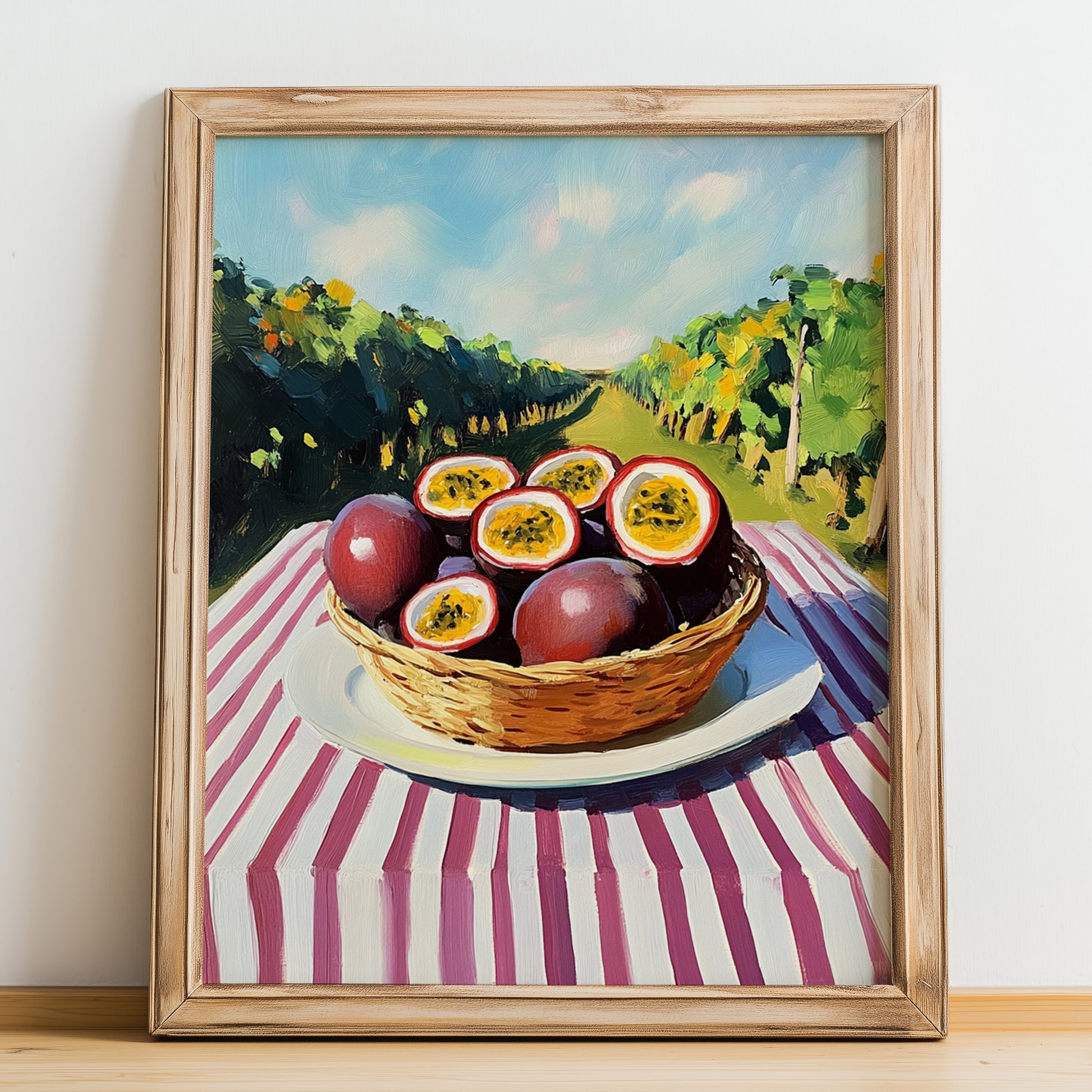 Passion Fruit – Green Valley Landscape, Fruit Print, no-text version framed in wood