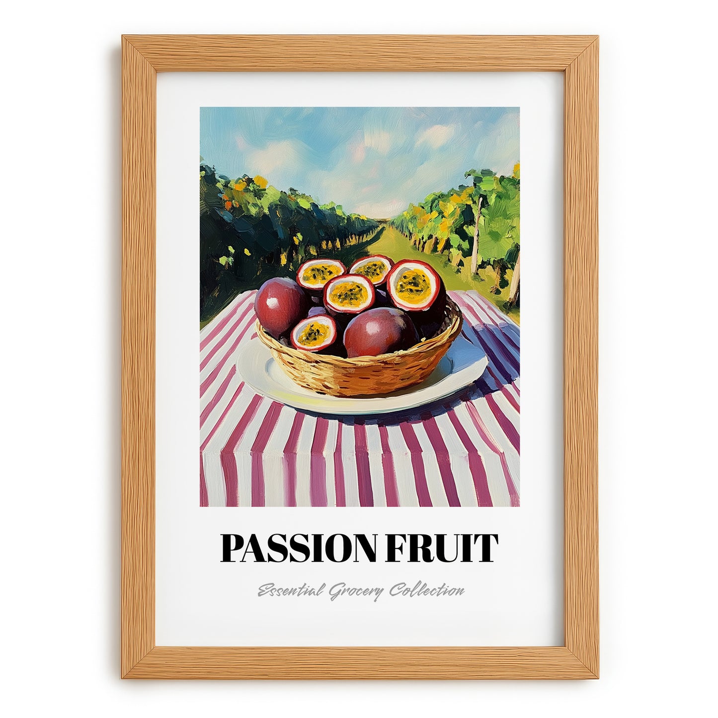 Passion Fruit – Green Valley Landscape, Fruit Print, set in oak frame