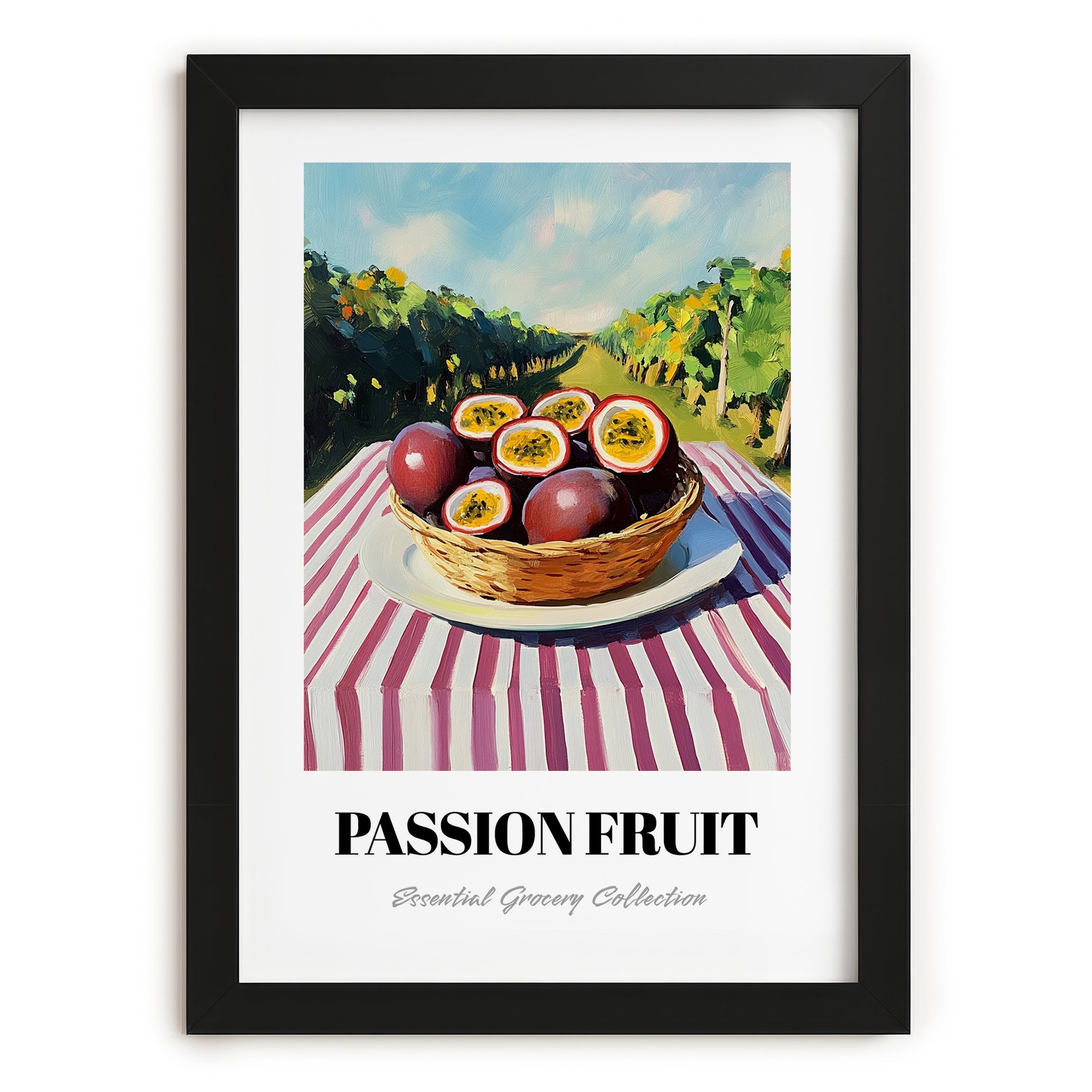 Passion Fruit – Green Valley Landscape, Fruit Print, in sleek black frame