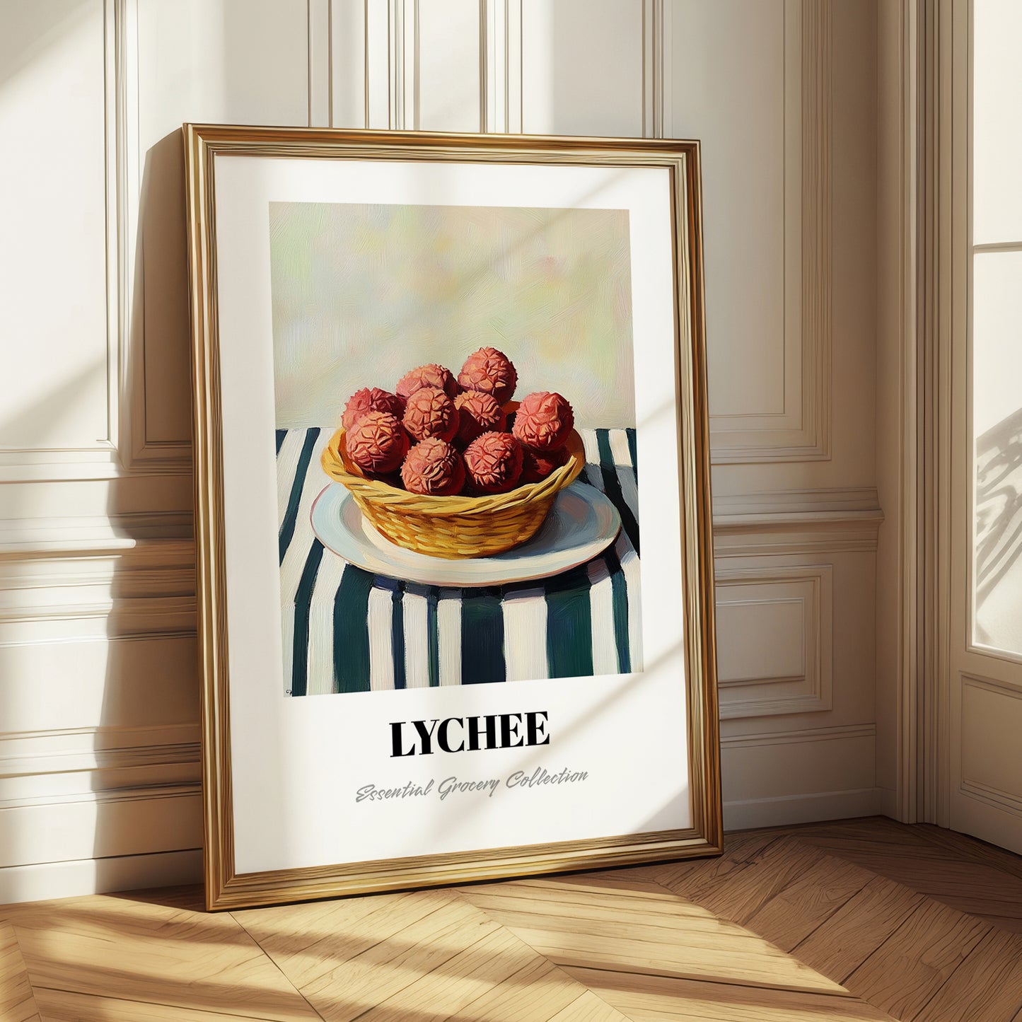 Lychee – on Striped Tablecloth, Fruit Still Life