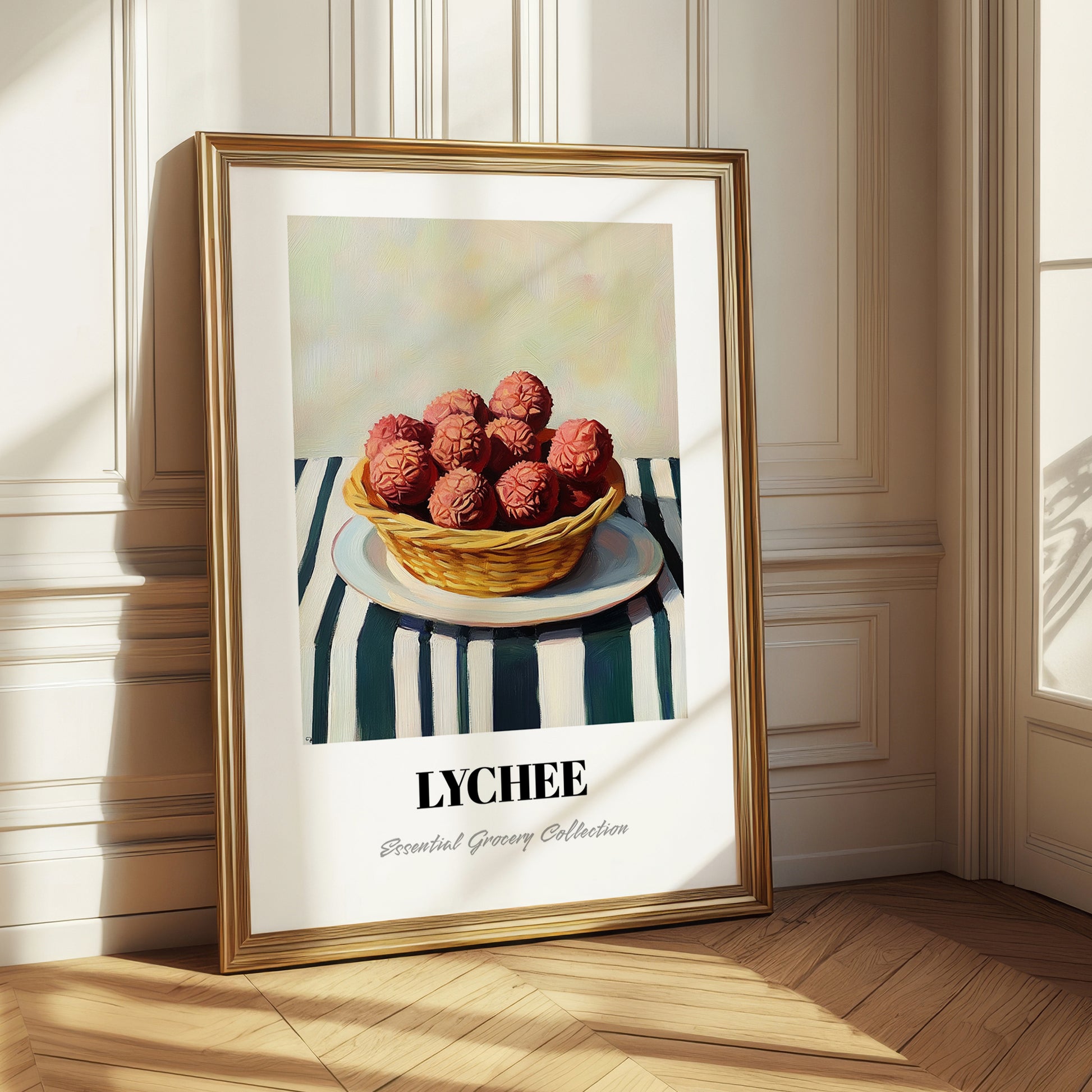 Lychee – on Striped Tablecloth, Fruit Still Life