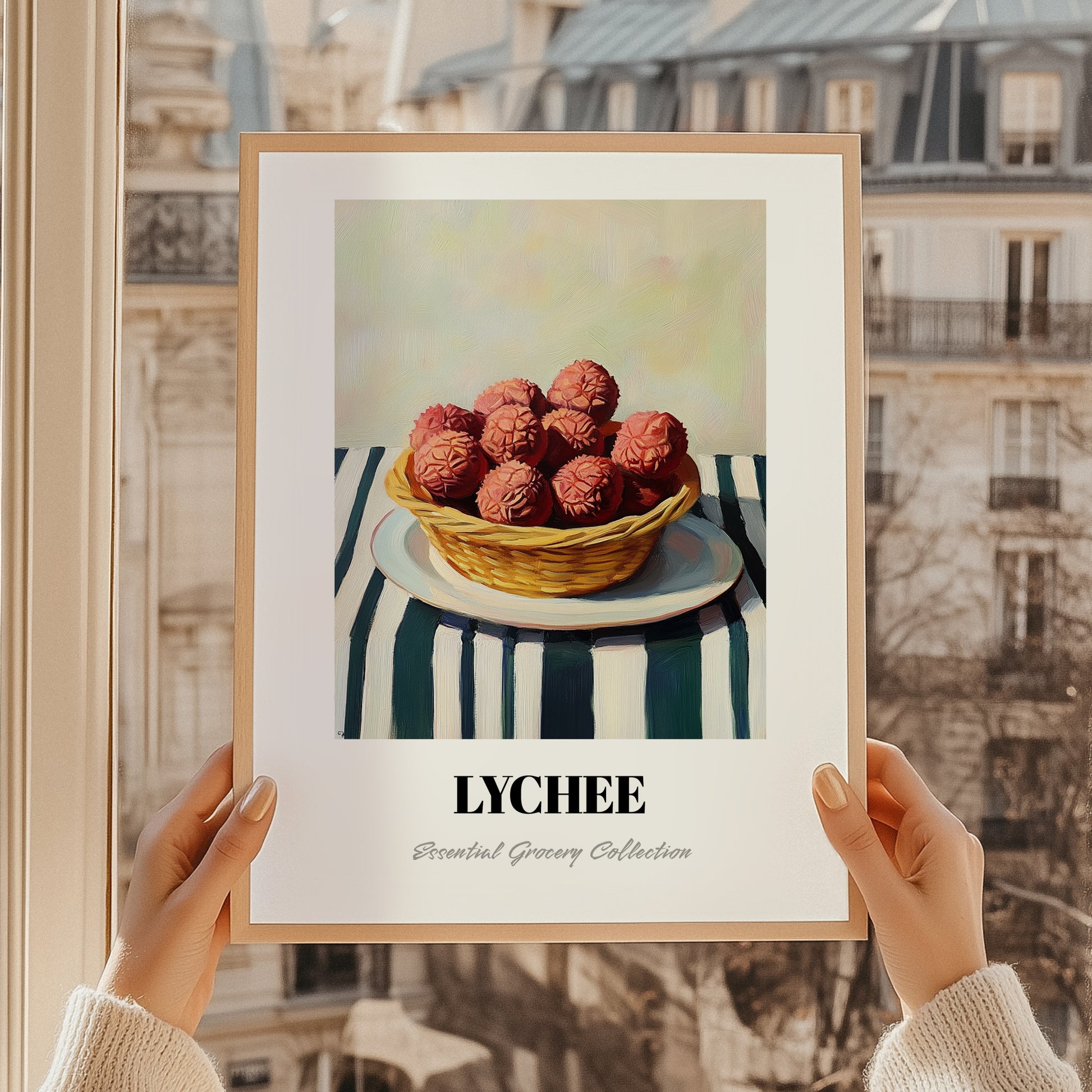 Lychee – on Striped Tablecloth, Fruit Still Life, styled in a charming Paris street view