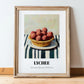 Lychee – on Striped Tablecloth, Fruit Still Life, in wooden frame leaning on the floor