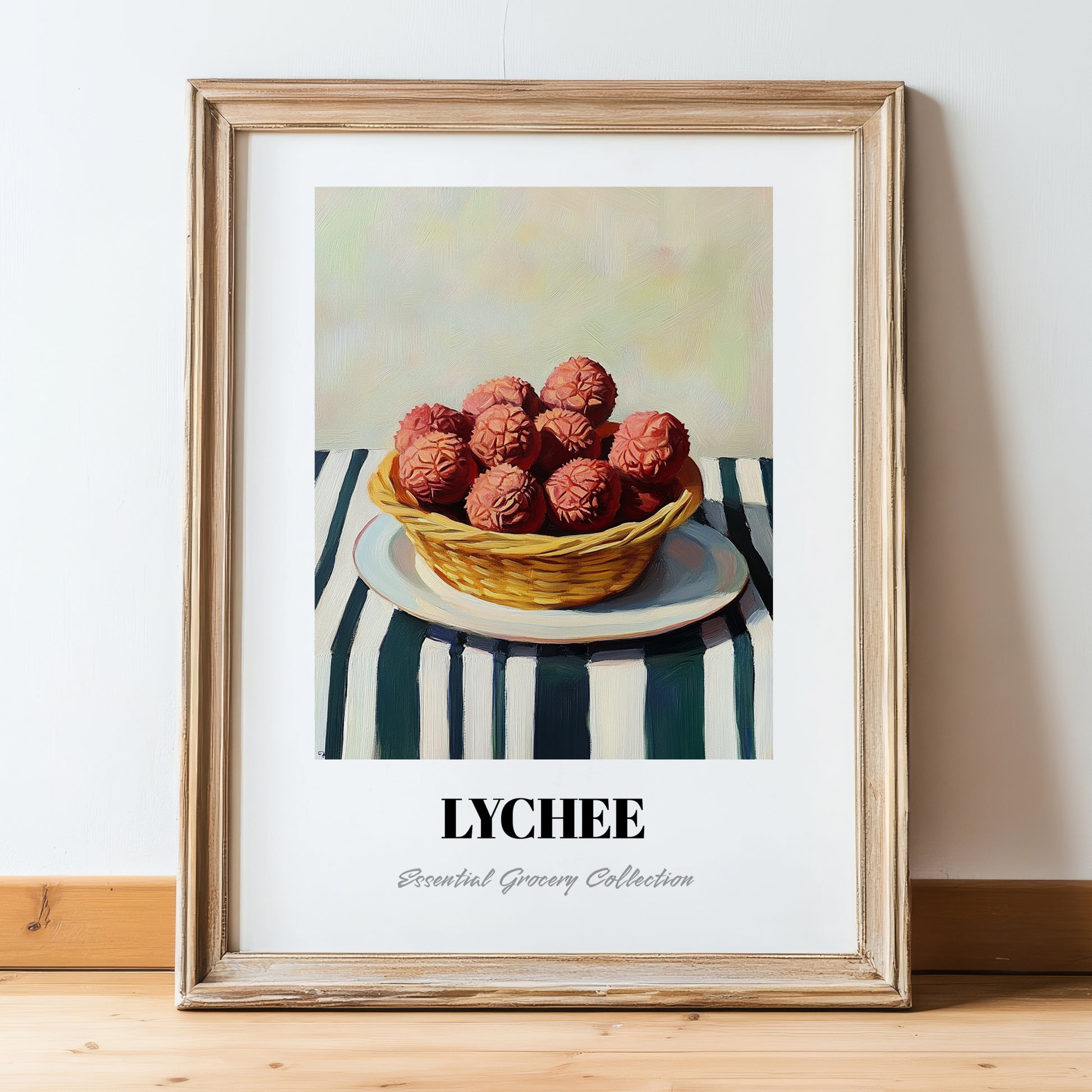 Lychee – on Striped Tablecloth, Fruit Still Life, in wooden frame leaning on the floor