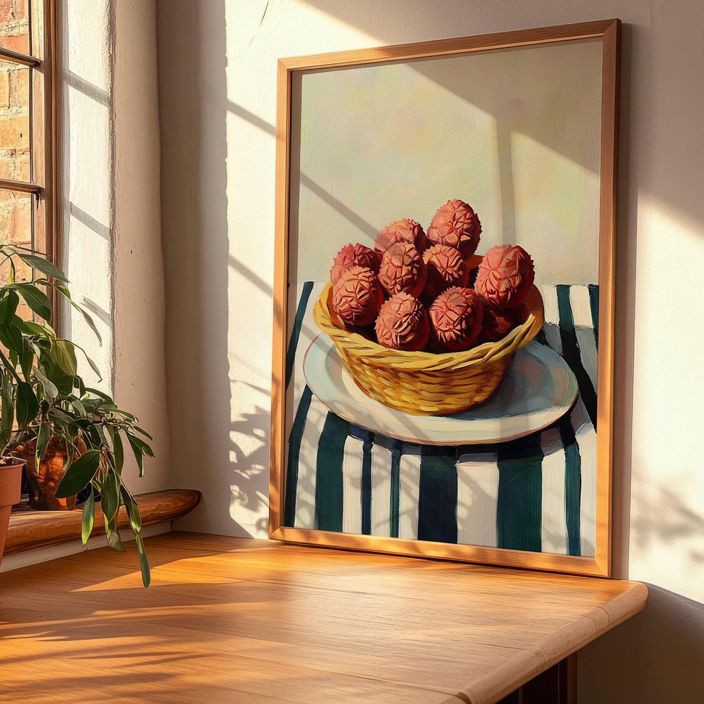 Lychee – on Striped Tablecloth, Fruit Still Life, clean layout with no caption