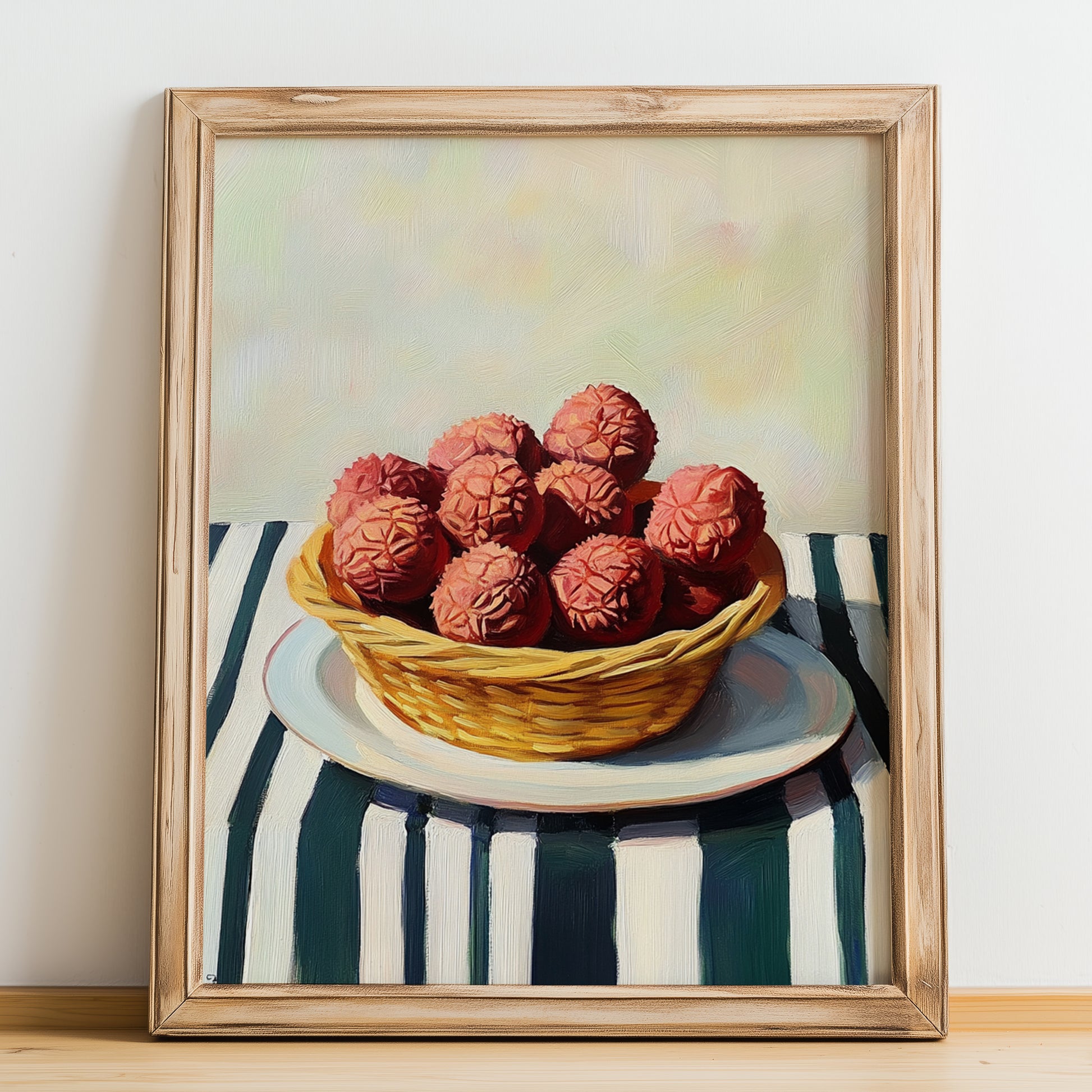 Lychee – on Striped Tablecloth, Fruit Still Life, no-text version framed in wood