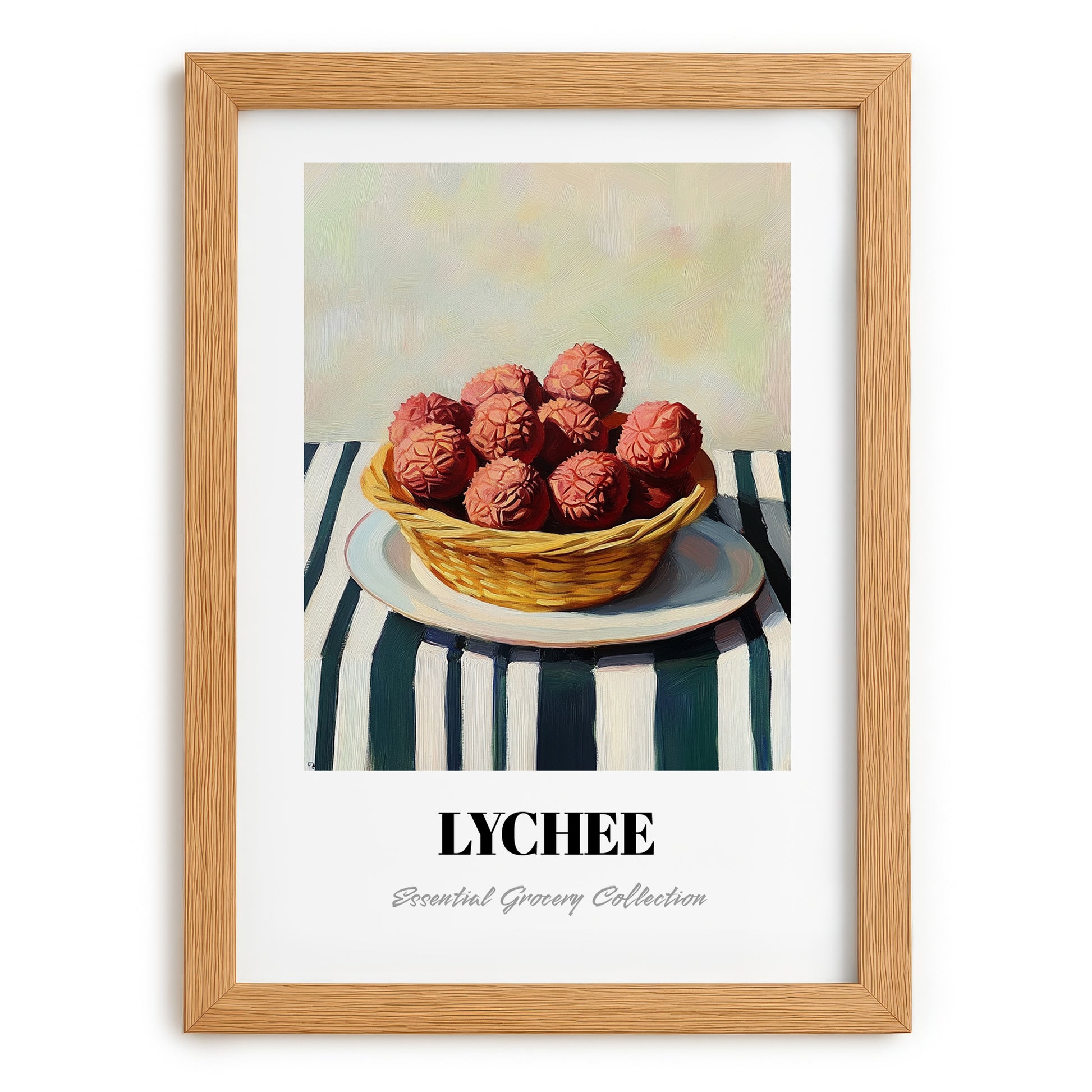 Lychee – on Striped Tablecloth, Fruit Still Life, set in oak frame